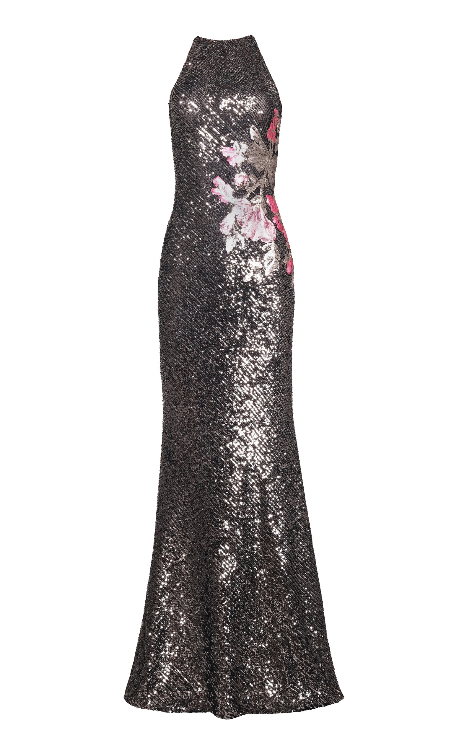 Naeem Khan Floral Applique Stretch Sequin Halter Gown