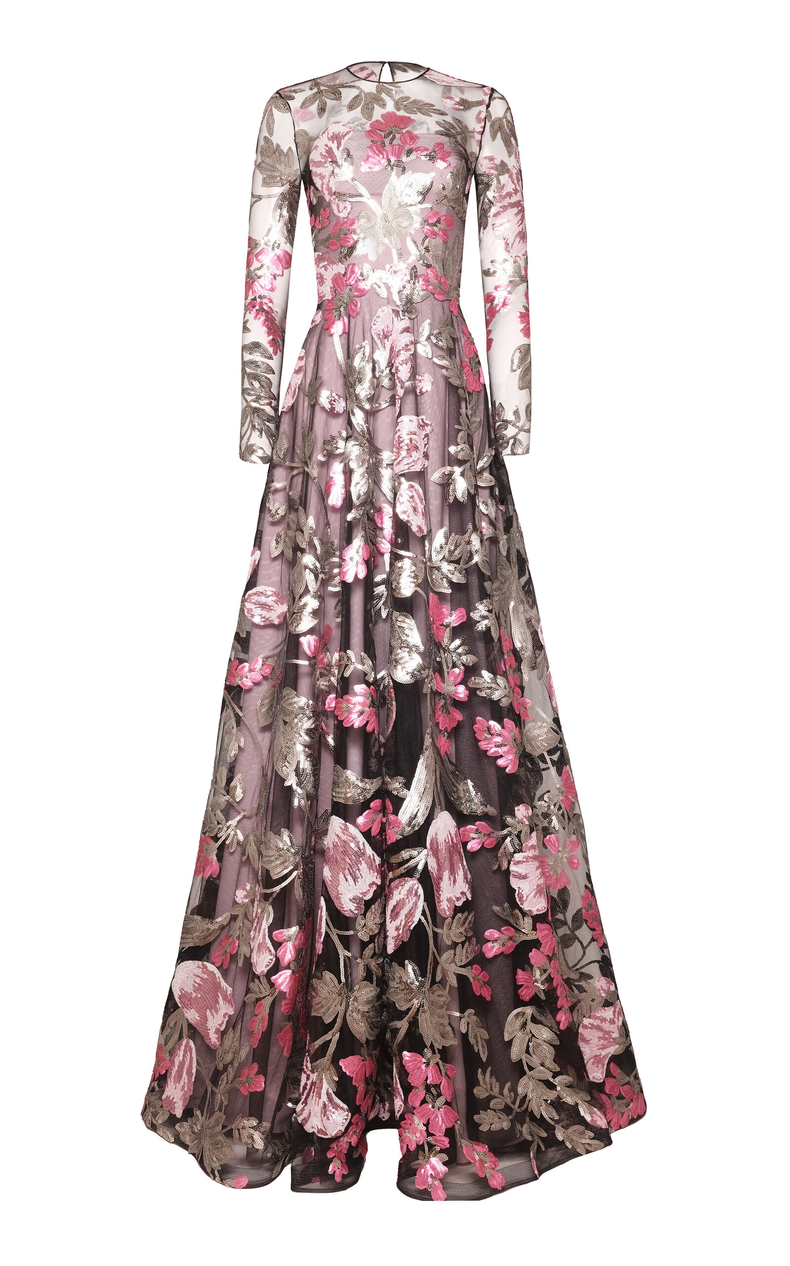 Naeem Khan Sequin Floral Long Sleeve Gown