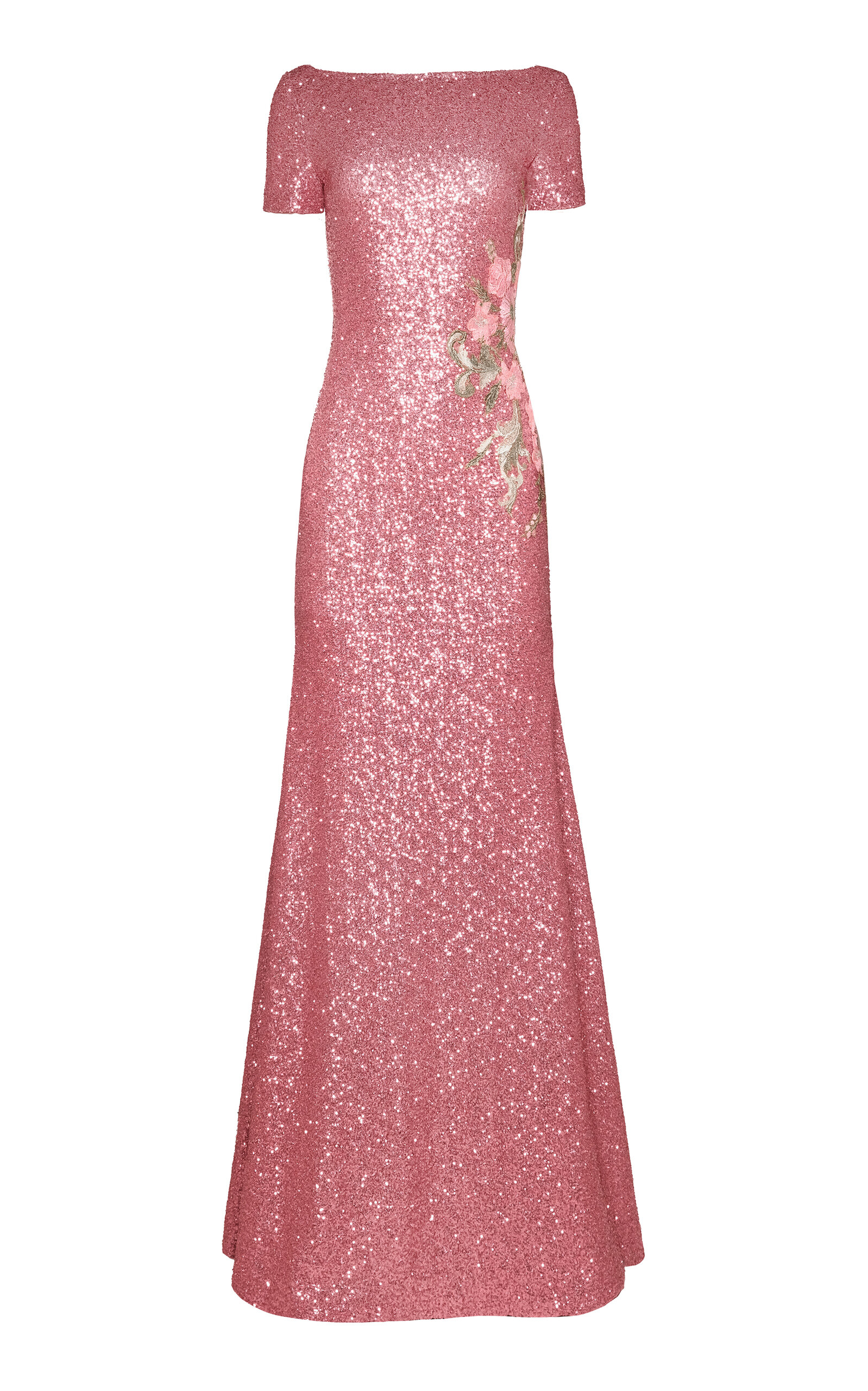 Naeem Khan Sequin Floral Applique Short Sleeve Gown