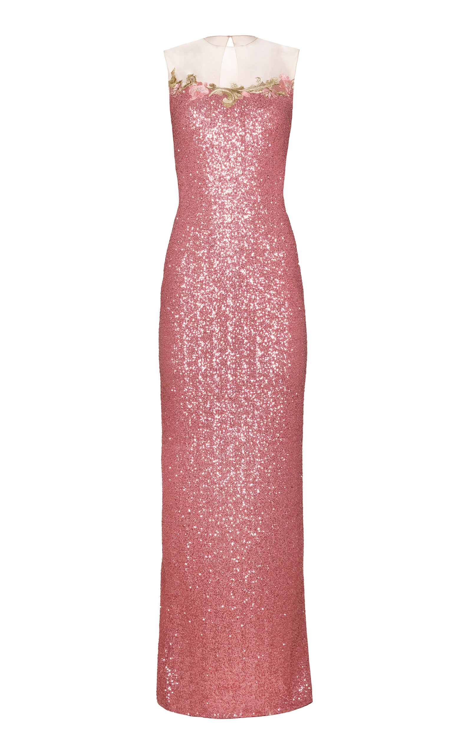 Naeem Khan Illusion Neckline Stretch Floral Sequined Gown