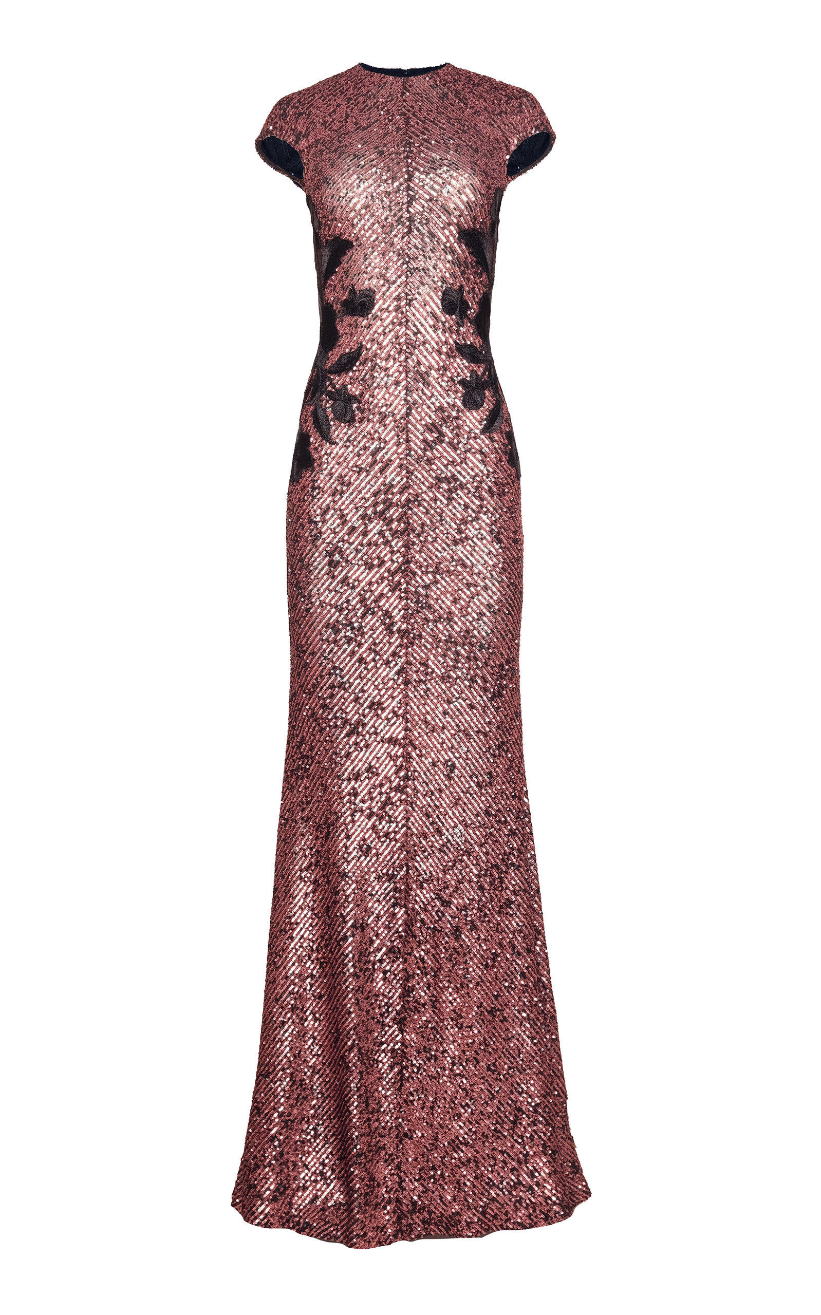Naeem Khan Floral Applique Stretch Short Sleeves Sequin Gown