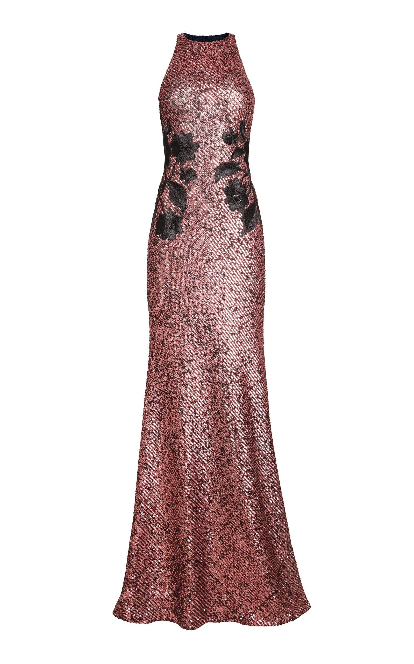 Naeem Khan Floral Applique Stretch Sequin Halter Neck Gown