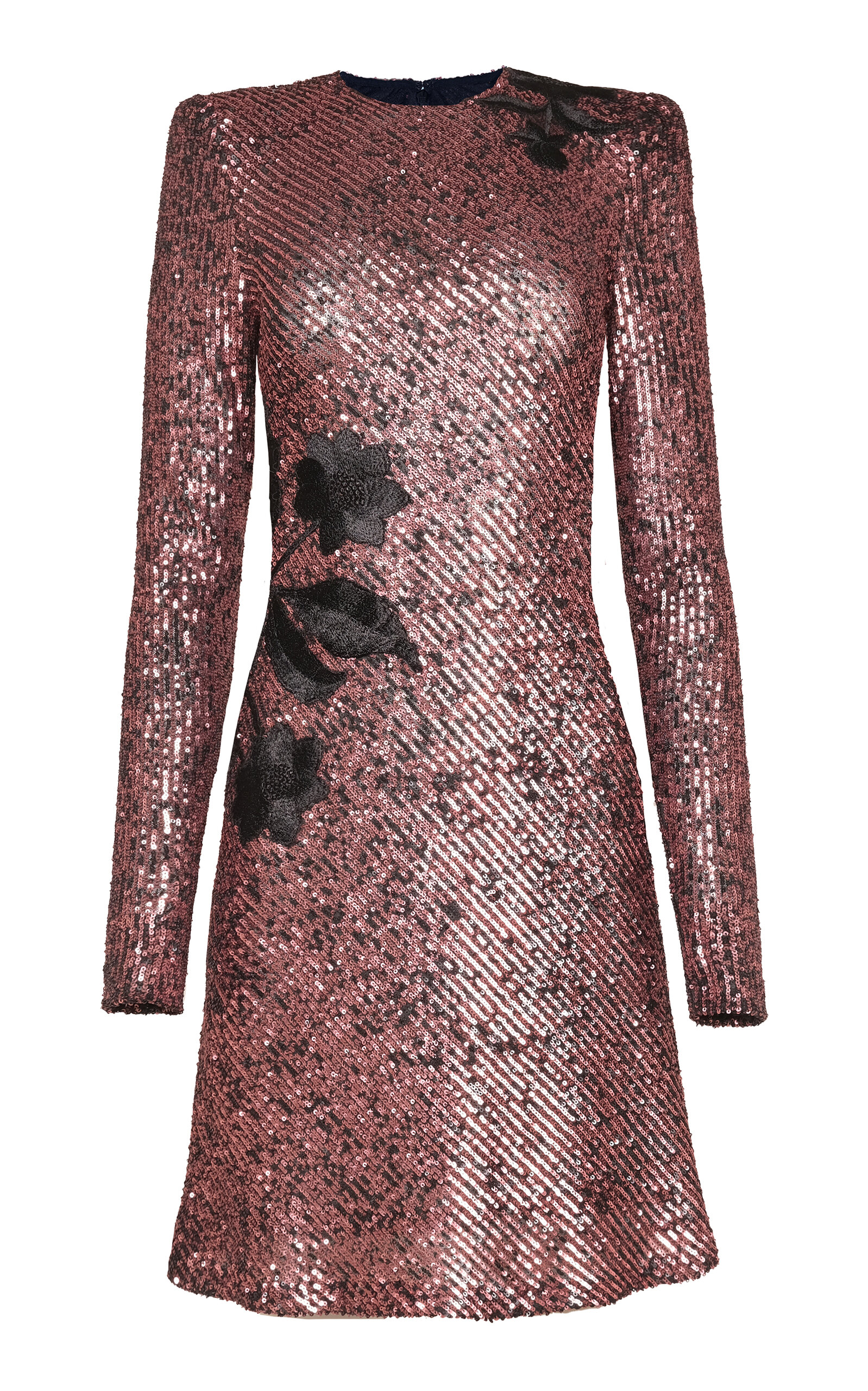 Naeem Khan Floral Applique Long Sleeve Stretch Sequin Dress