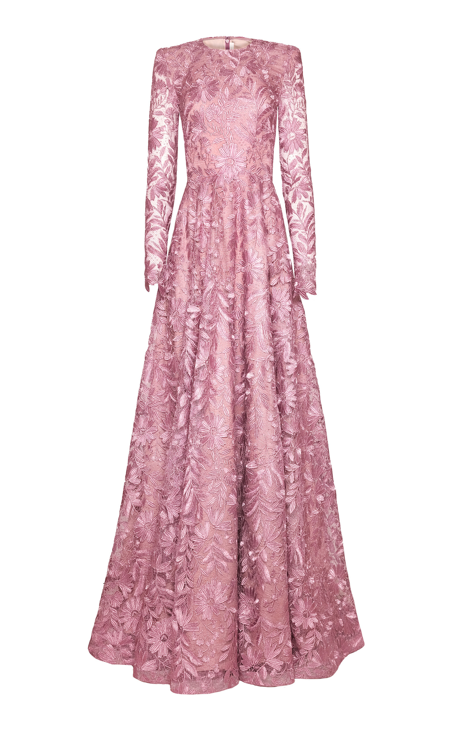 Naeem Khan Metallic Lace Long Sleeve Gown