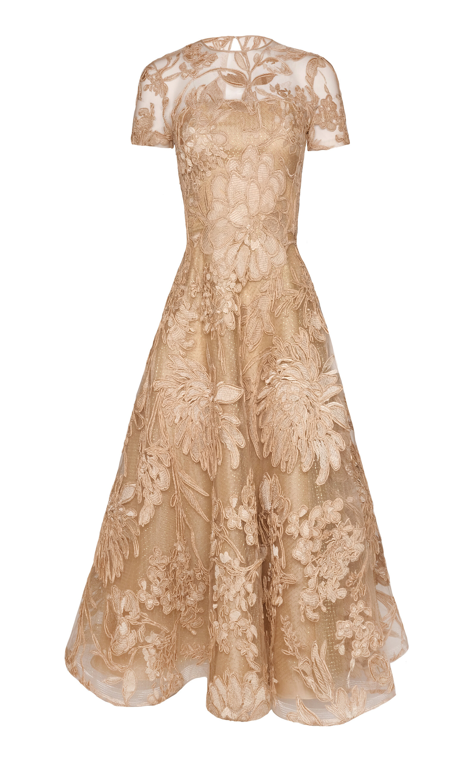 Naeem Khan Floral Raffia Cap Sleeve Midi Dress