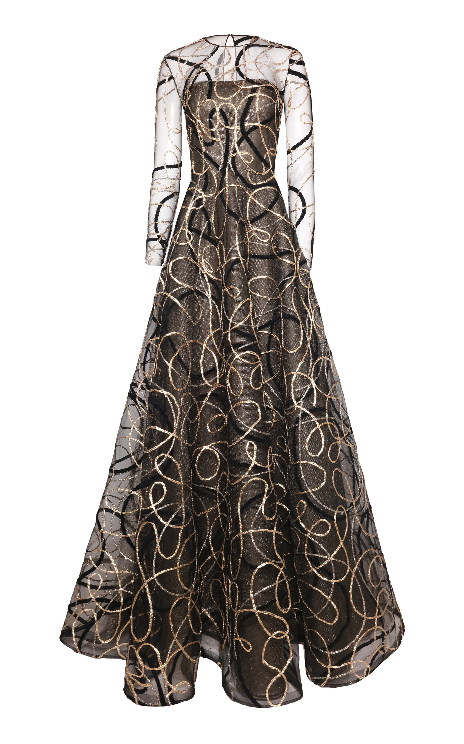 Naeem Khan Metallic Raffia Jewel Neck Long Sleeve Gown