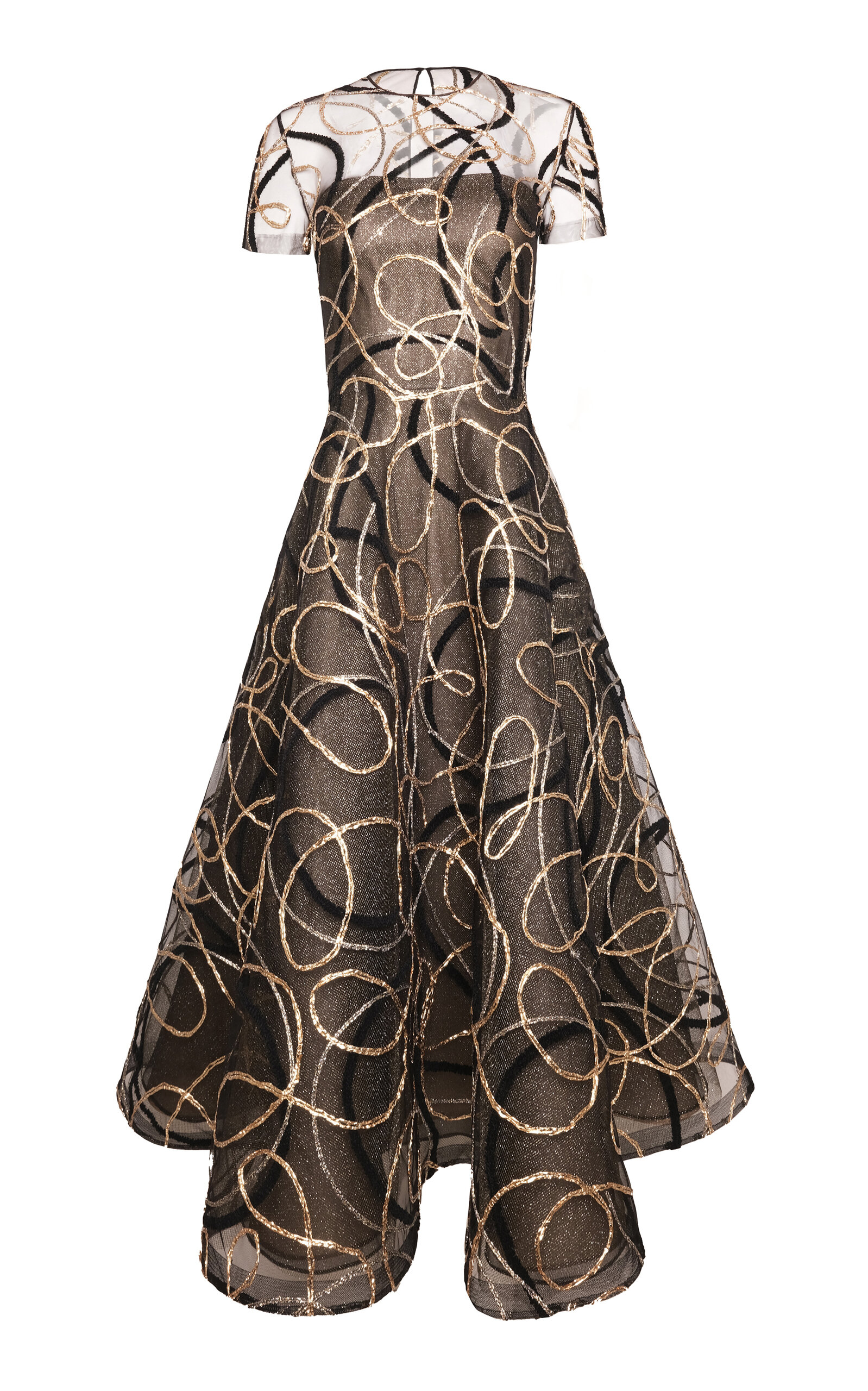 Naeem Khan Metallic Raffia Cap Sleeve Midi Dress