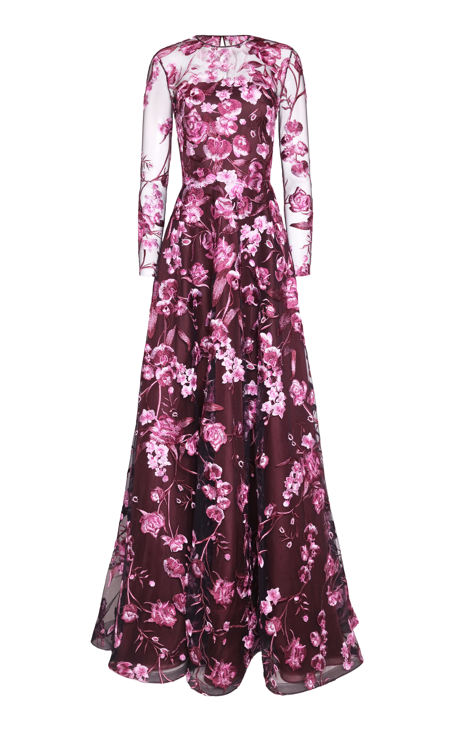 Naeem Khan Floral Jewel Neck Long Sleeve Gown
