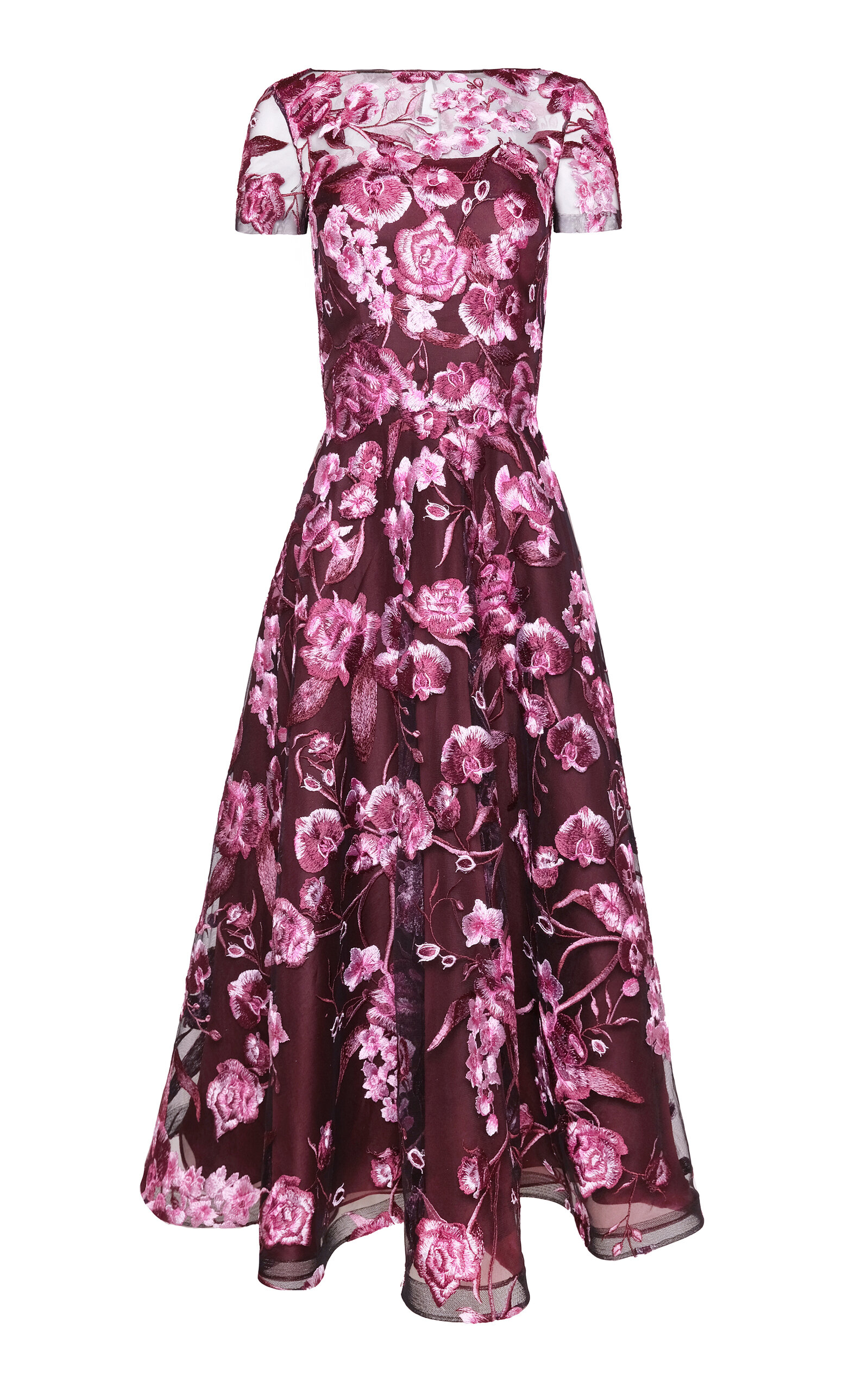 Naeem Khan Floral Boatneck Cap Sleeve Midi Dress