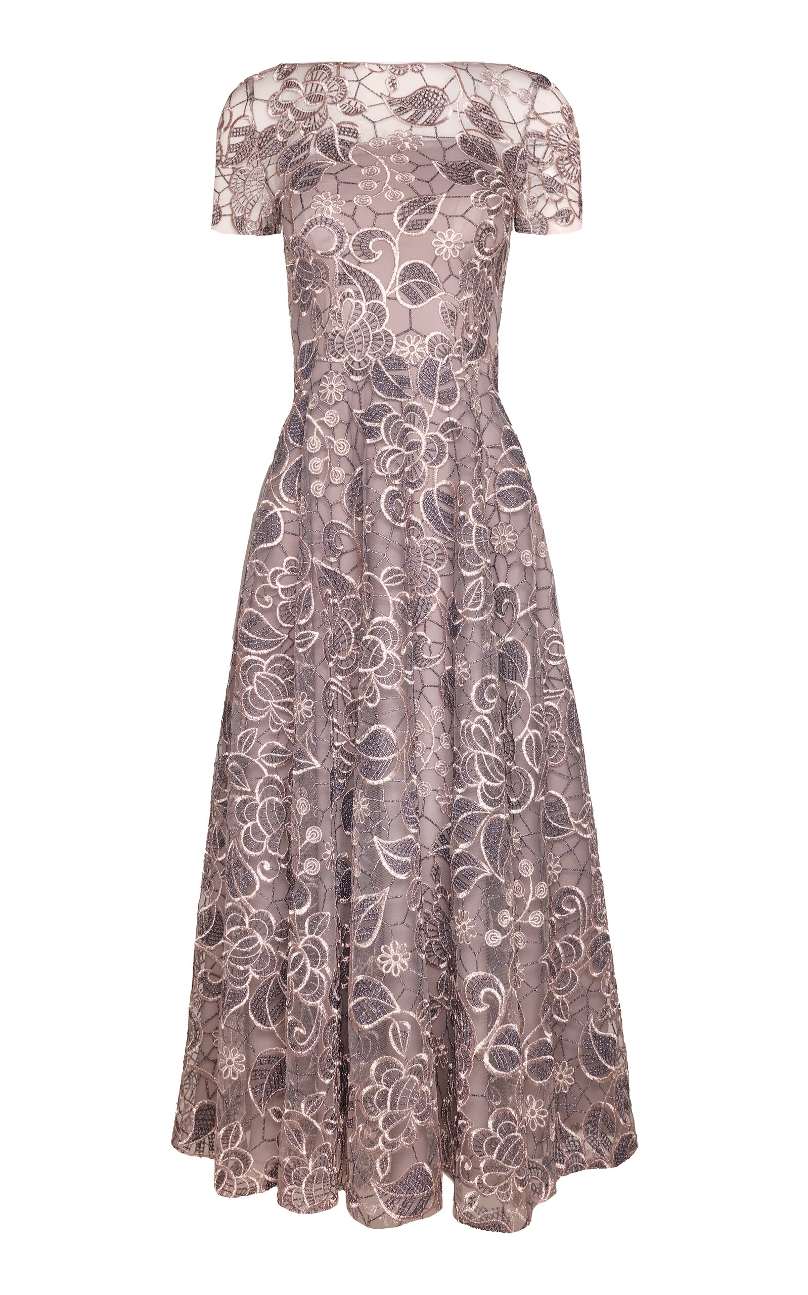 Naeem Khan Metallic Lace Boatneck Midi Dress