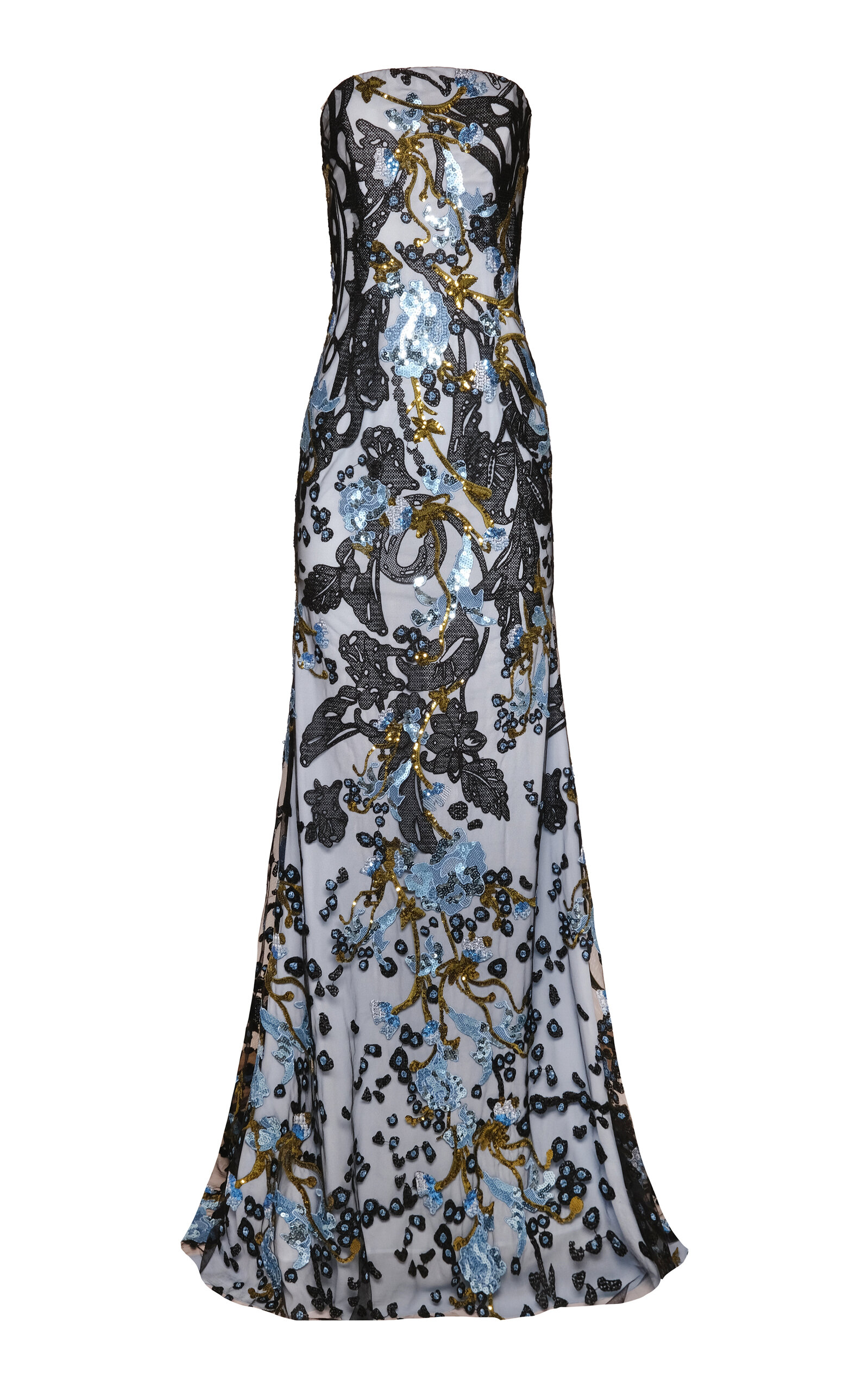 Naeem Khan Abstract Sequin Lace Floral Strapless Gown