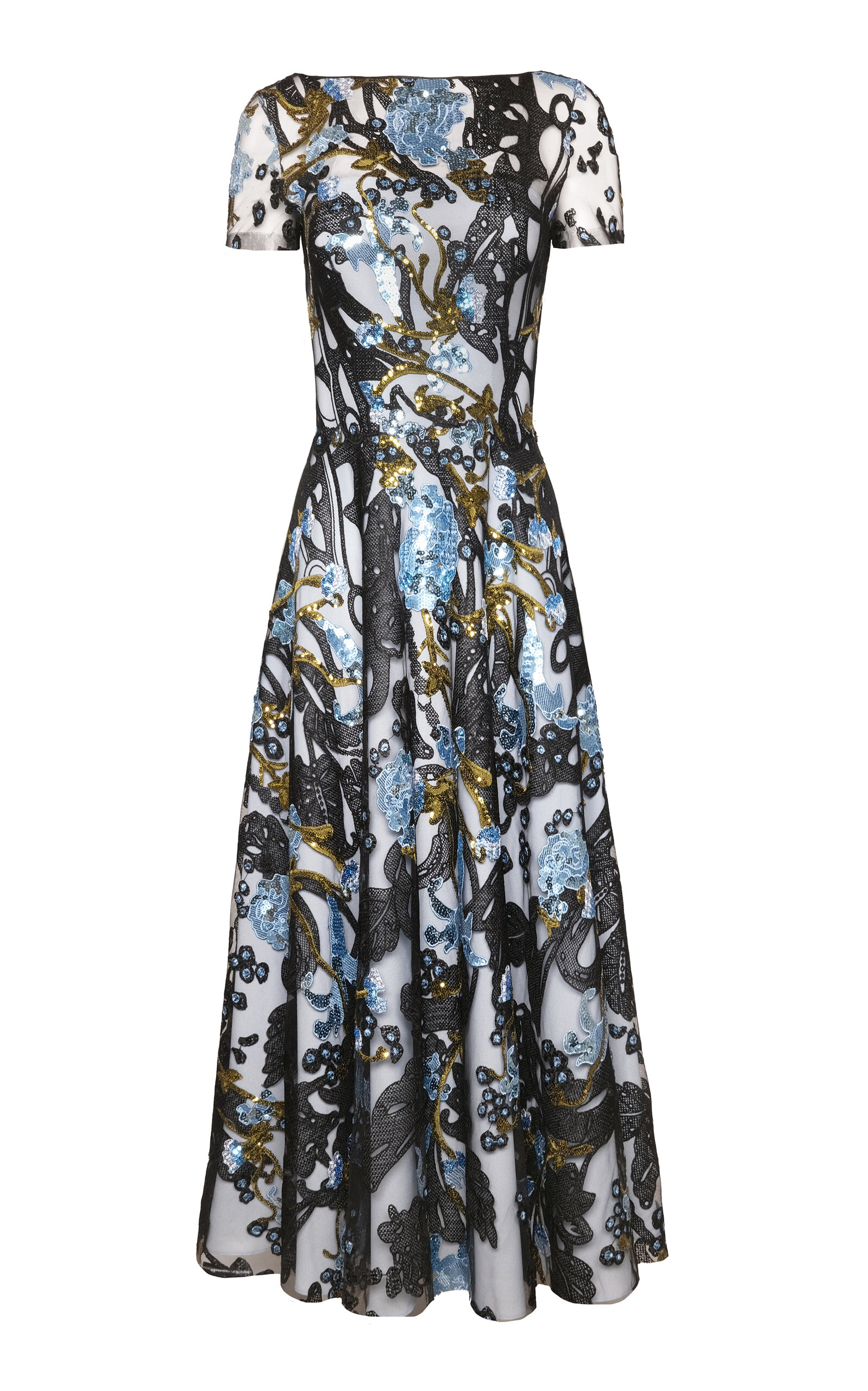 Naeem Khan Abstract Sequin Lace Floral Boatneck Midi Dress