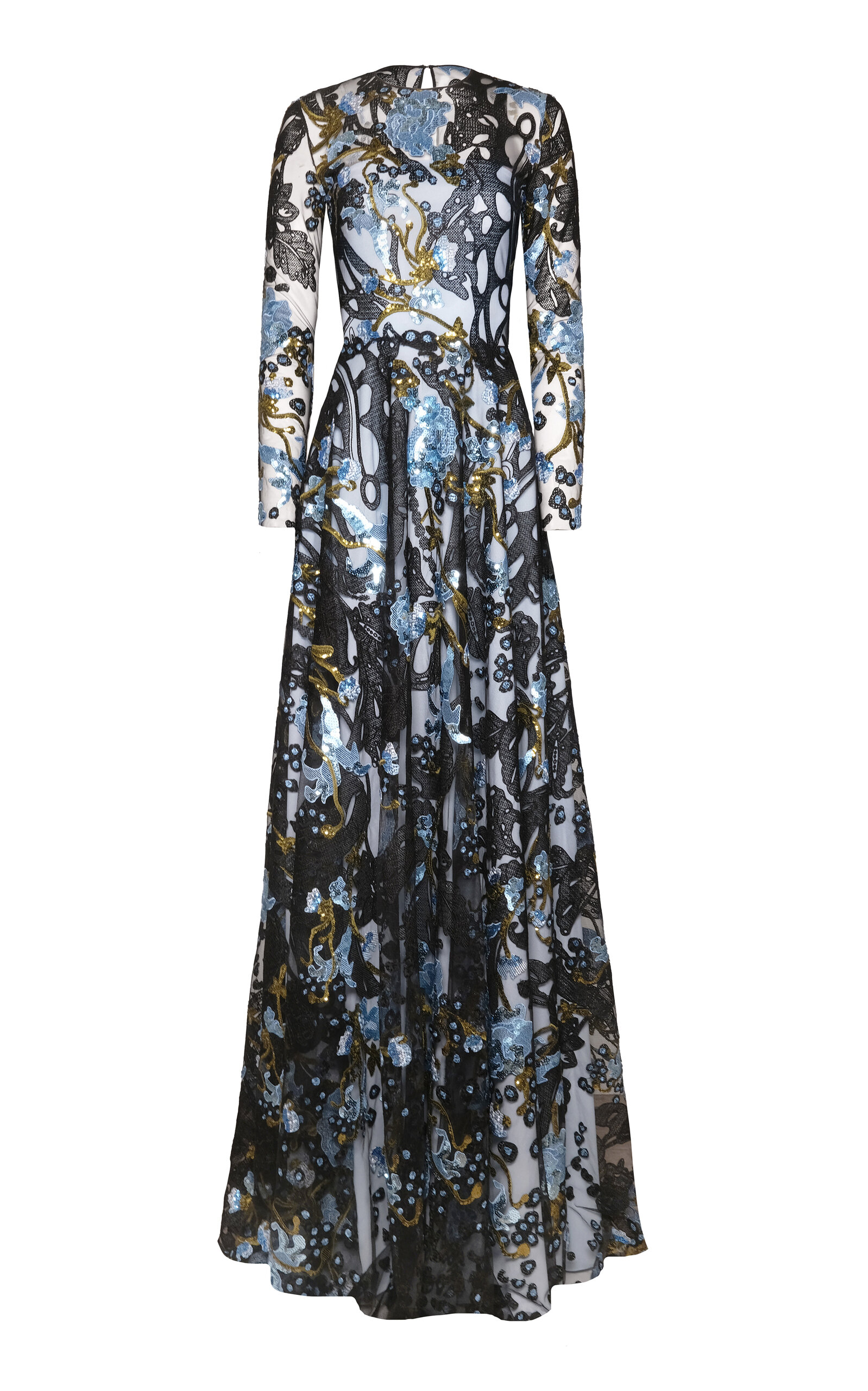 Naeem Khan Abstract Sequin Lace Floral Long Sleeve Gown