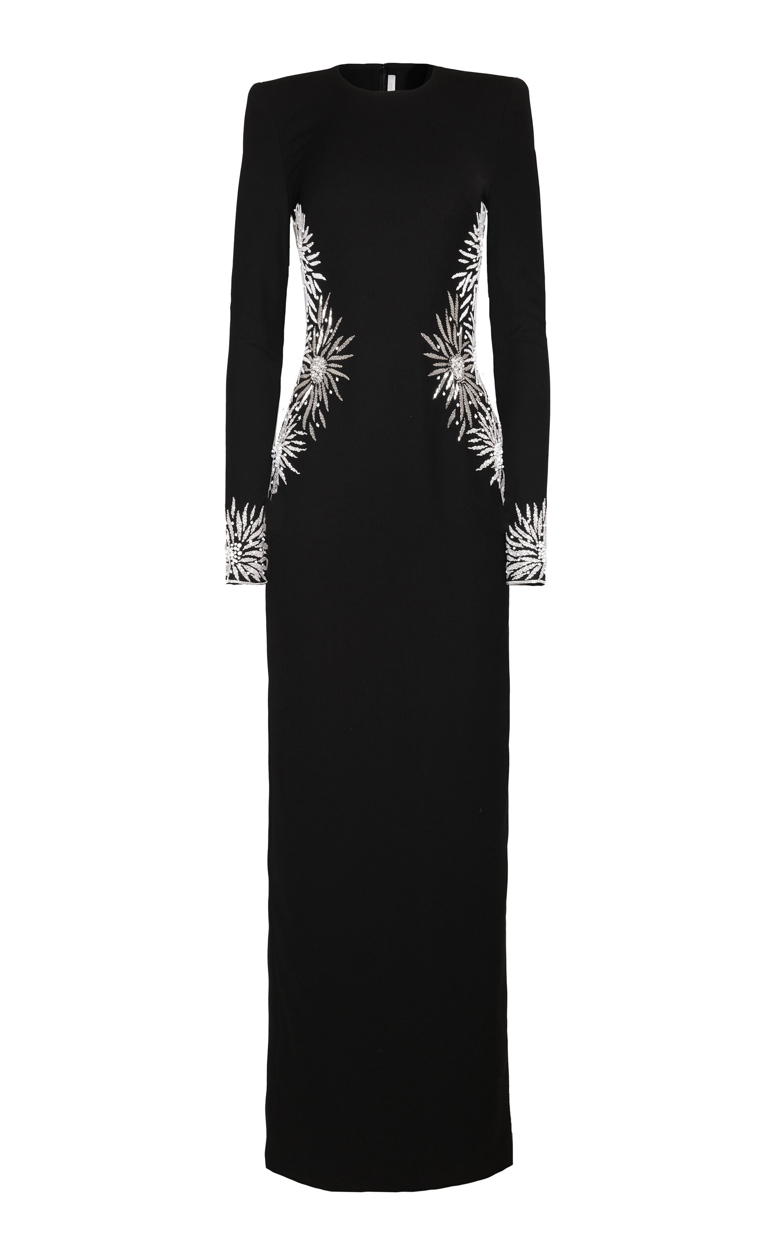 Naeem Khan Embellished Waist Long Sleeve Crepe Column Gown