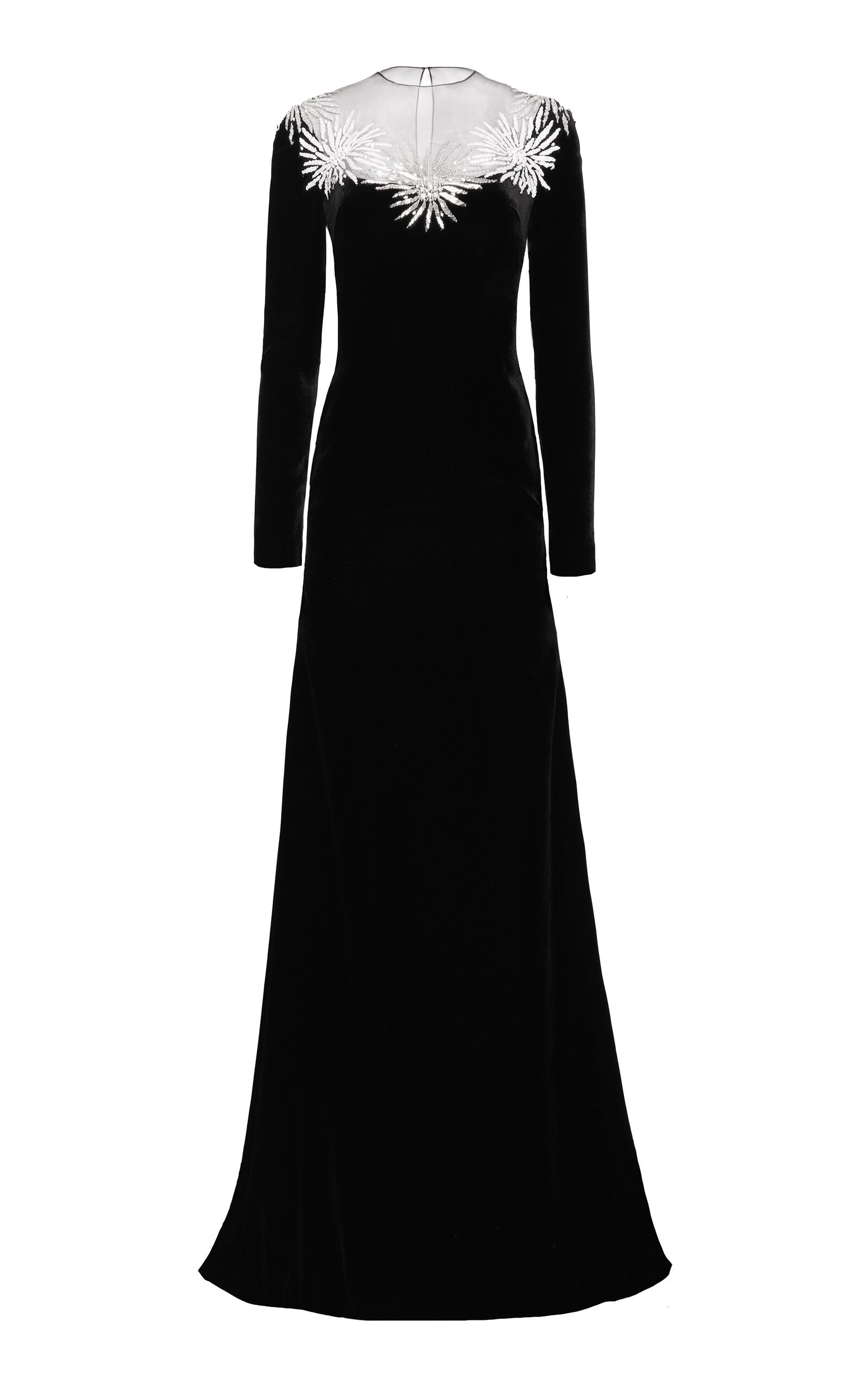 Naeem Khan Embellished Neckline Long Sleeve Fit-And-Flare Velvet Gown