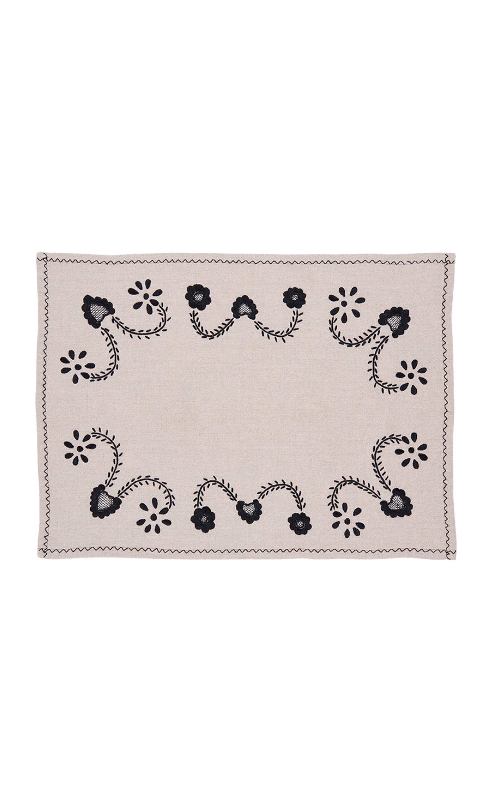 House of Capricorn Viana Beige Linen With Black Embroidery Placemat And Napkin Set - Black