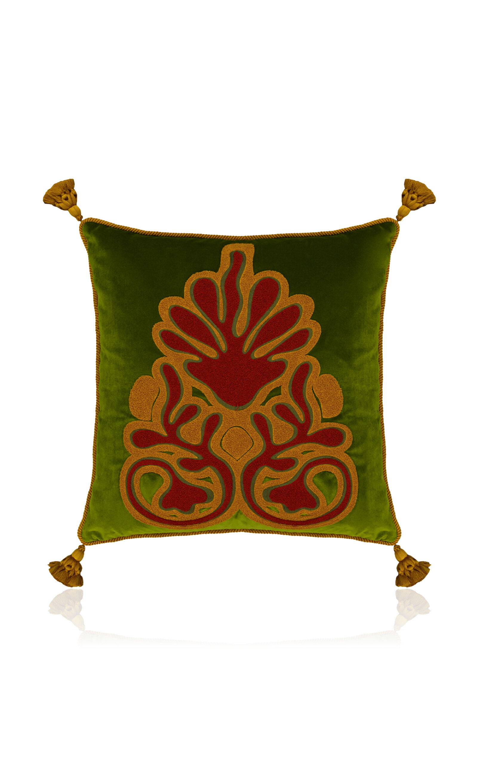 House of Capricorn Teles Green Velvet And Chenille Embroidered Cushion - Multi