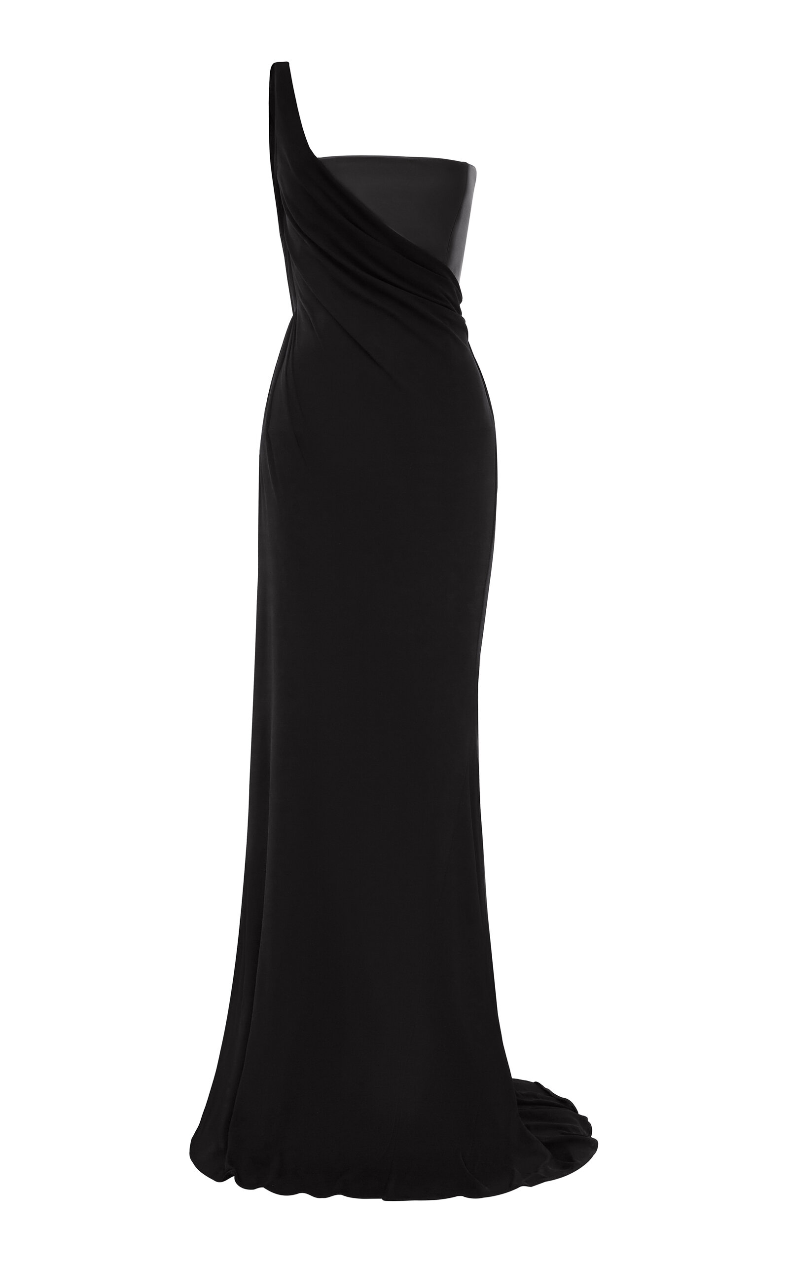Alex Perry One Shoulder Longline Asymmetric Gown In Leather & Dry Jersey