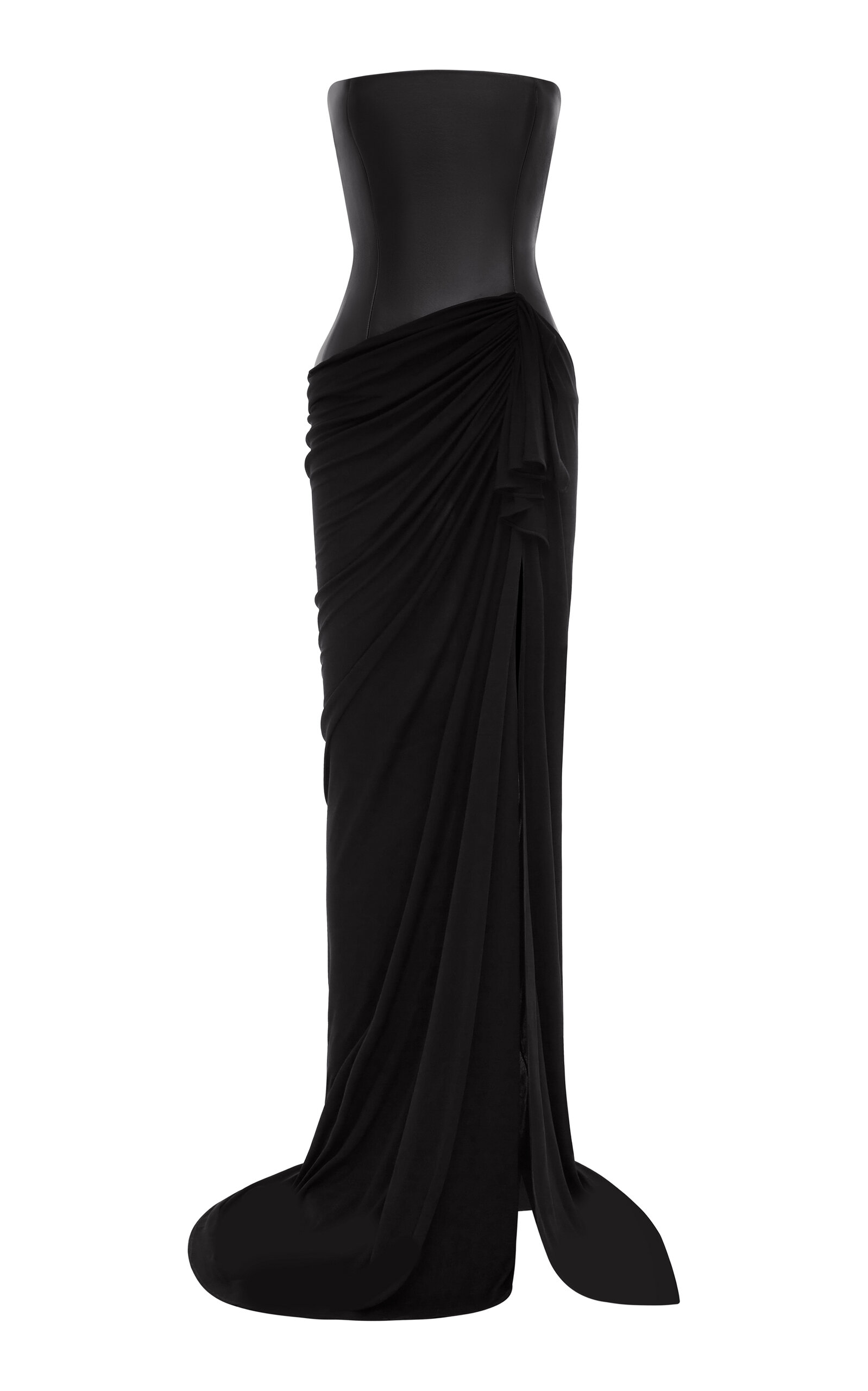 Alex Perry Strapless Longline Asymmetric Gown In Leather & Dry Jersey