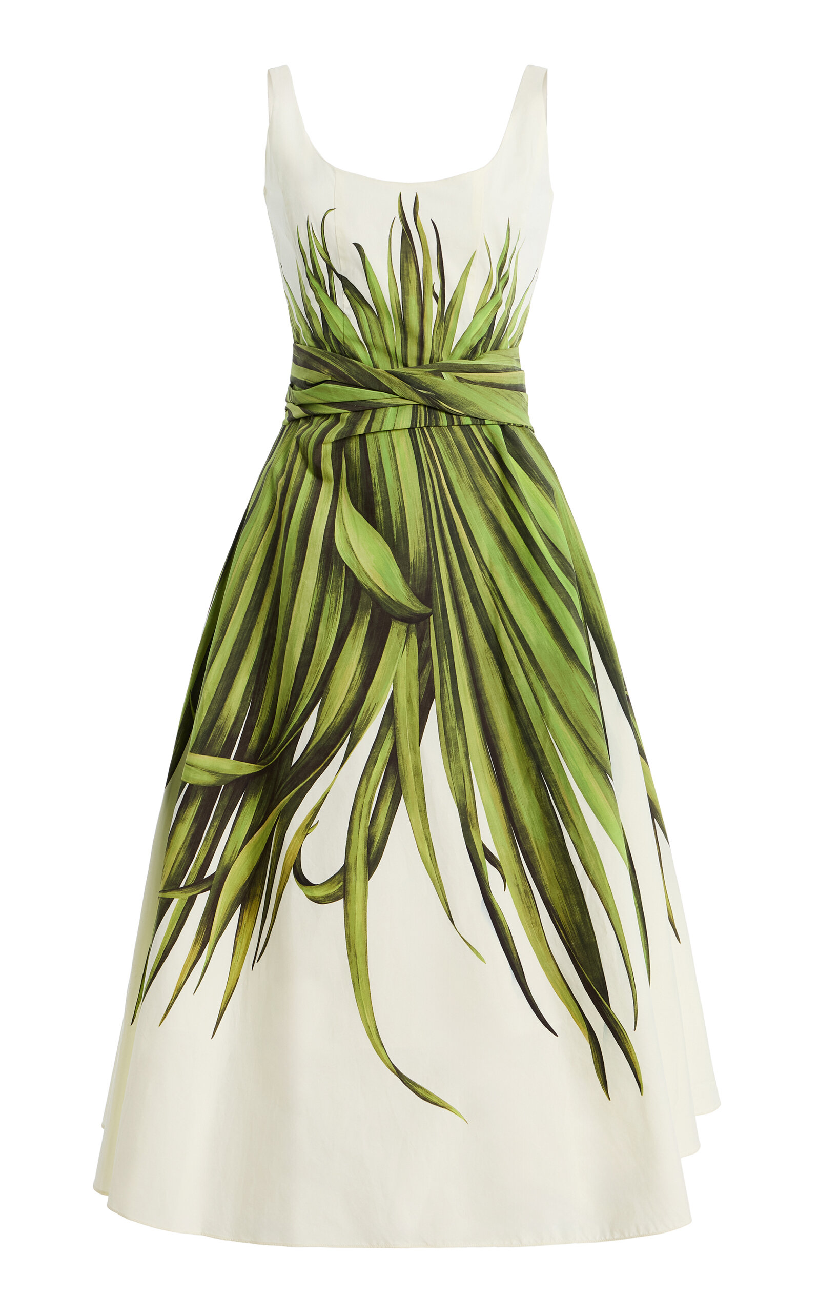 Oscar de la Renta - Palm Leaves Cotton-Poplin Midi Dress - White - US 4 - Moda Operandi