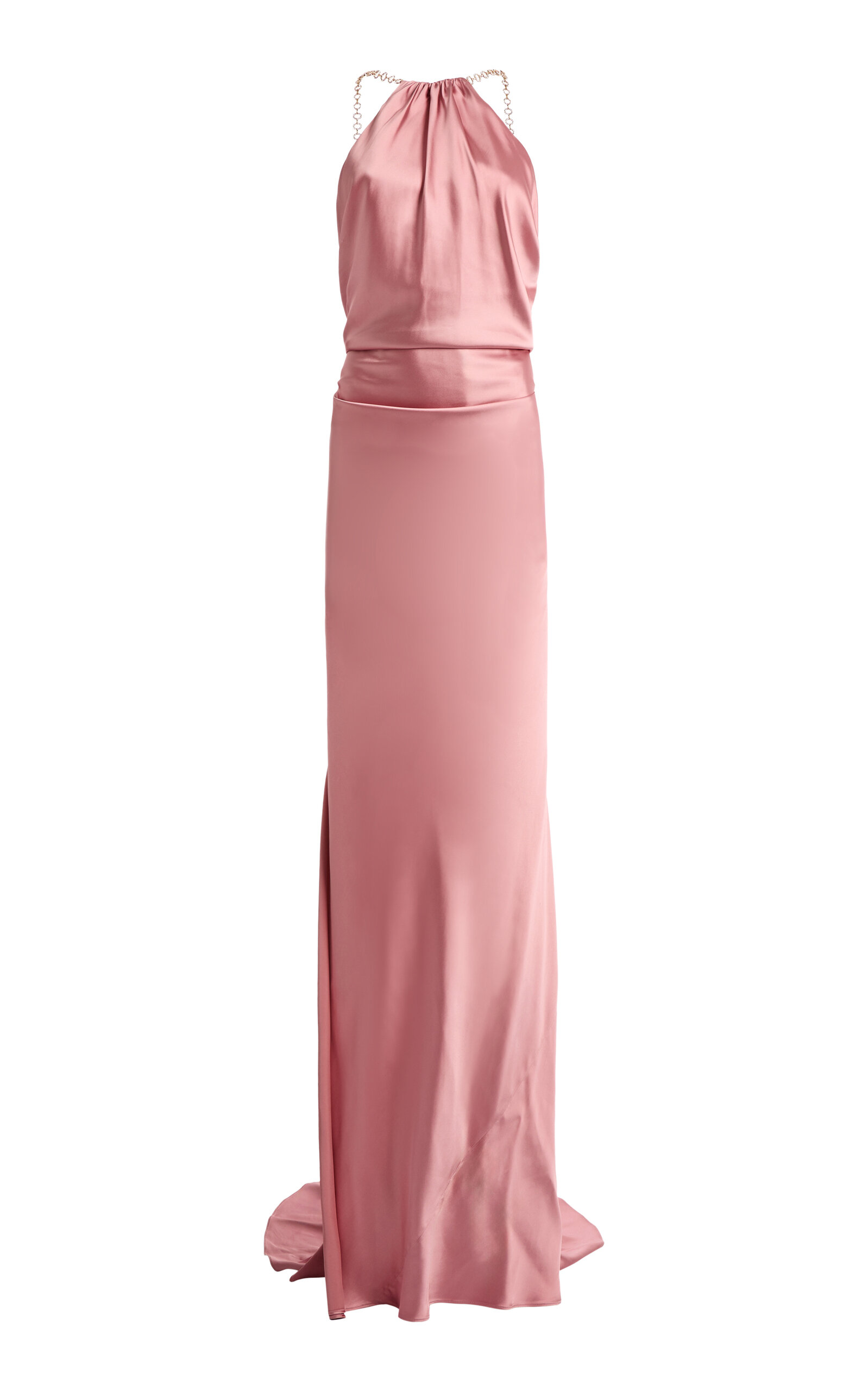 Zuhair Murad Satin Chain-Detail Silk-Blend Halter Long Dress