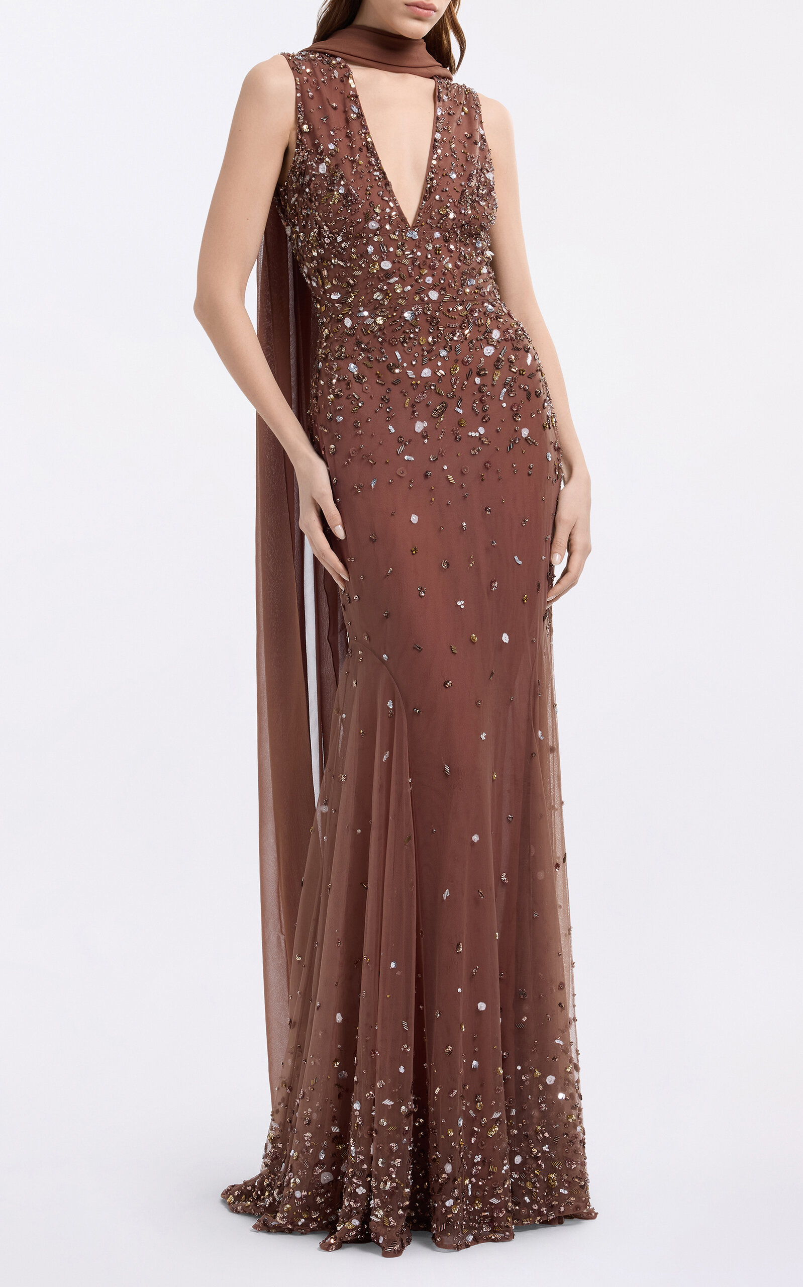 Elie Saab Scarf-Detailed Beaded Gown