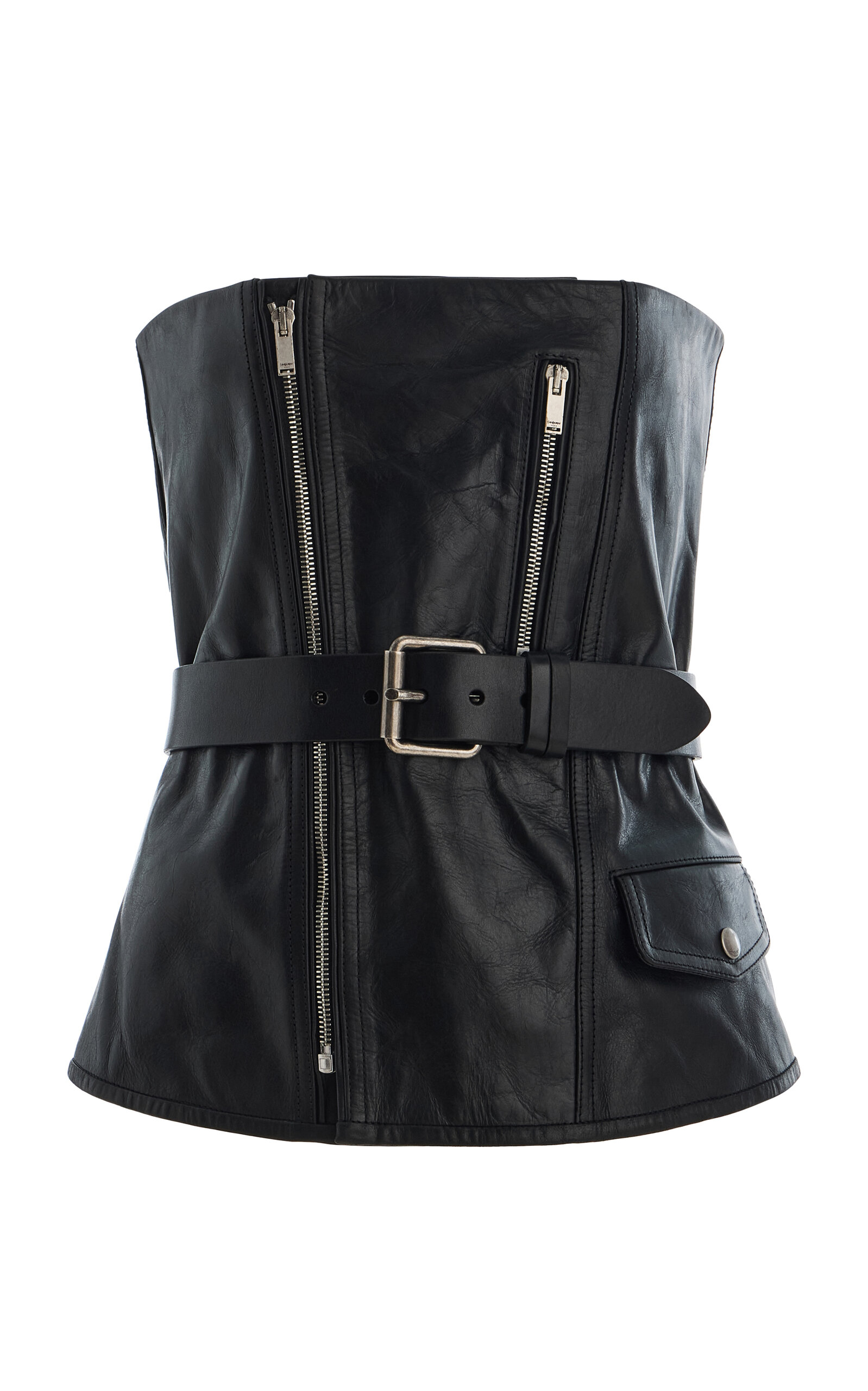 Saint Laurent Strapless Belted Leather Biker Bustier Top