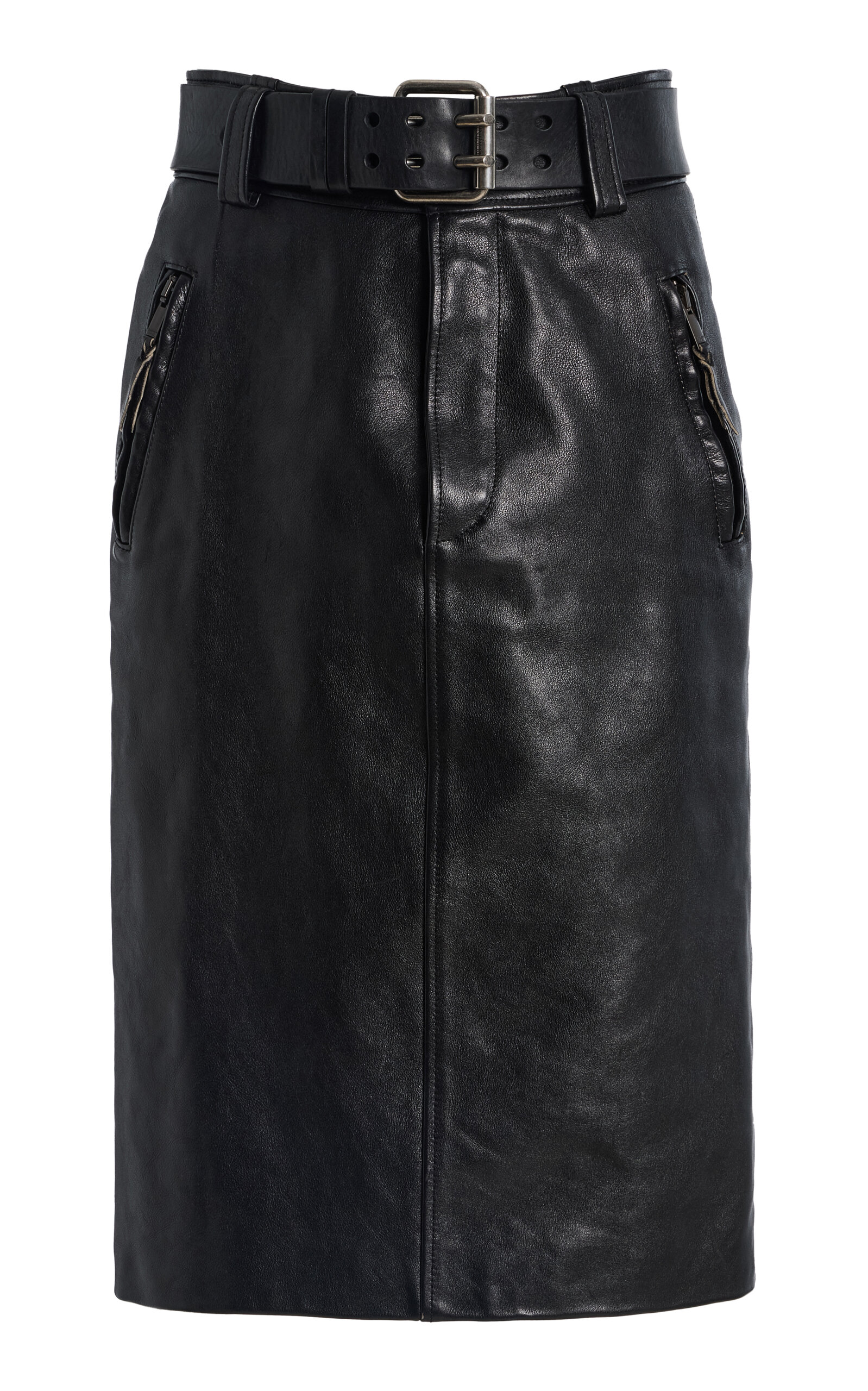 Saint Laurent Belted High-Rise Leather Midi Skirt