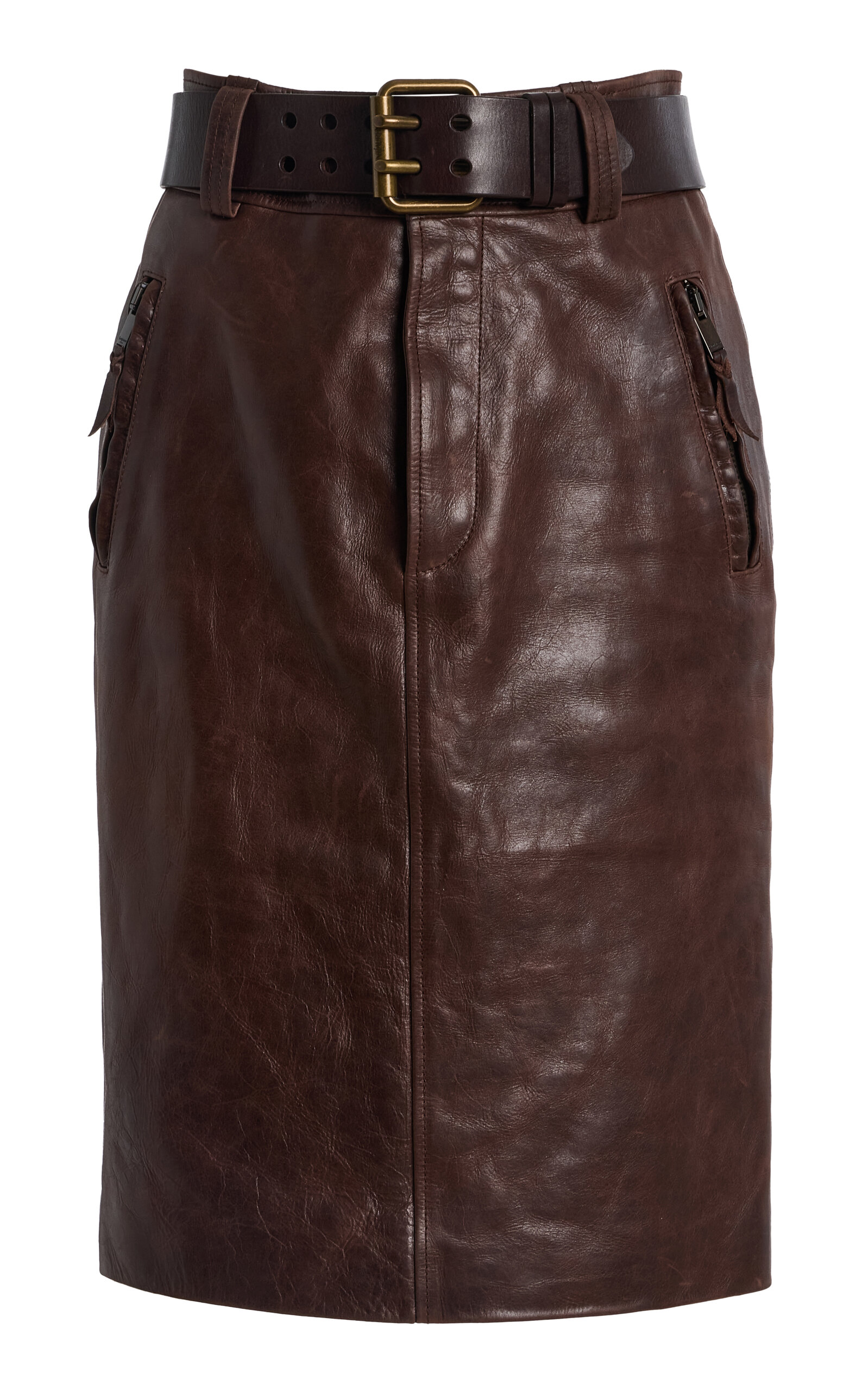 Saint Laurent Belted High-Rise Leather Midi Skirt