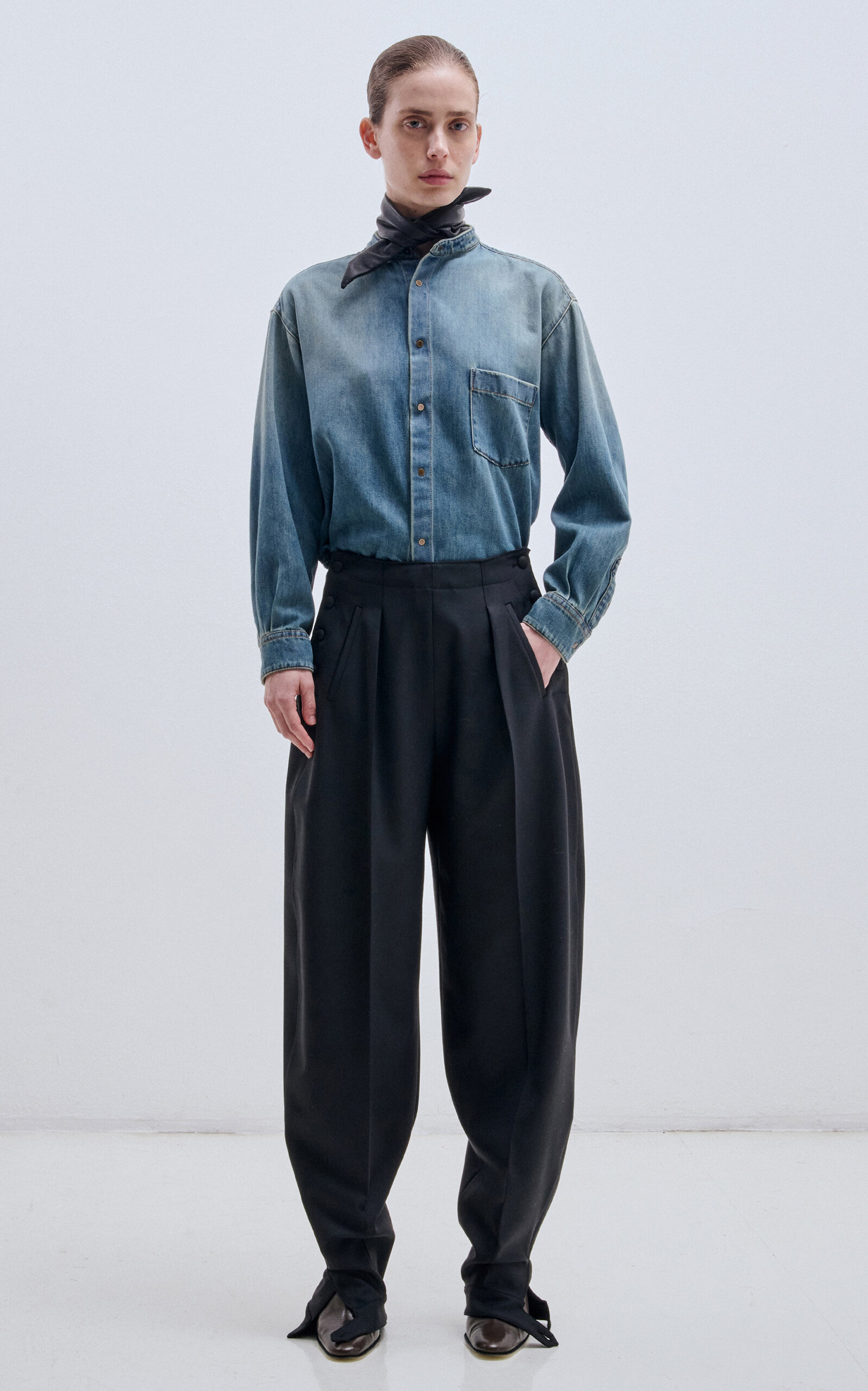 DARKPARK Meg Cotton-Tencel Denim Shirt With Detachable Plonge Leather Foulard - Moda Operandi