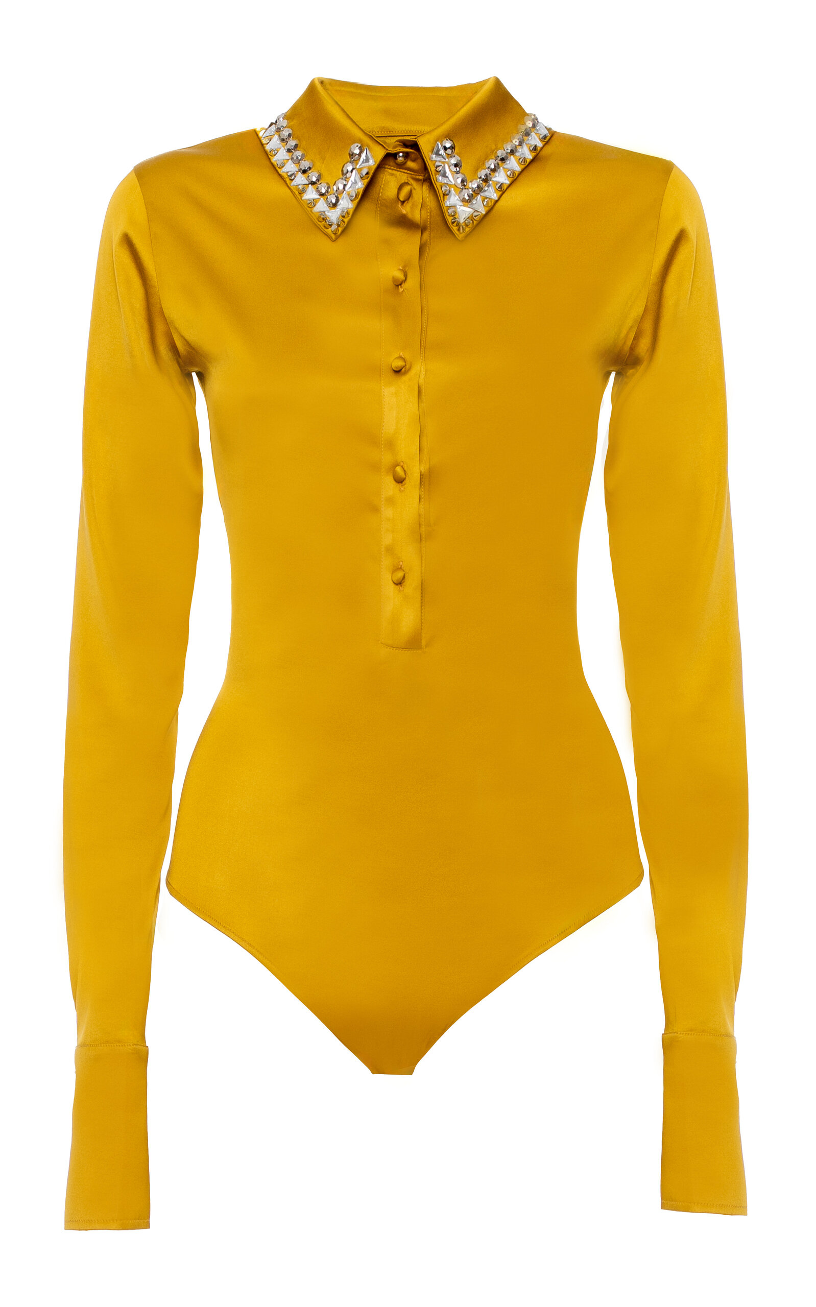 DES_PHEMMES Embellished Satin Polo Bodysuit - Moda Operandi