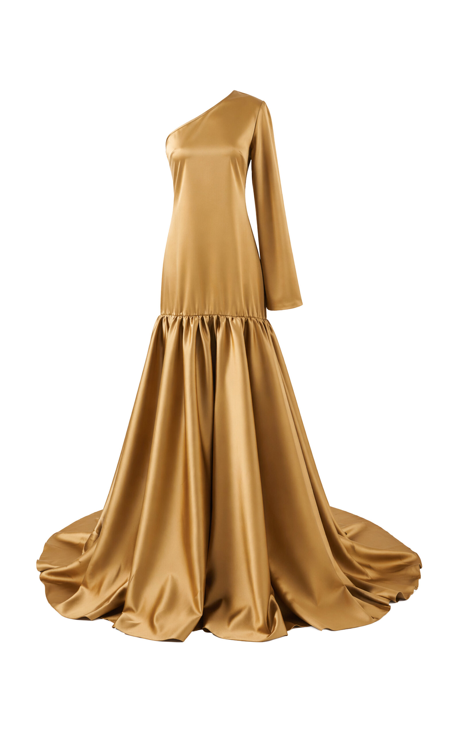 The New Arrivals Ilkyaz Ozel - Ecliptia One-Shoulder Satin Maxi Dress - Bronze - FR 34 - Moda Operandi
