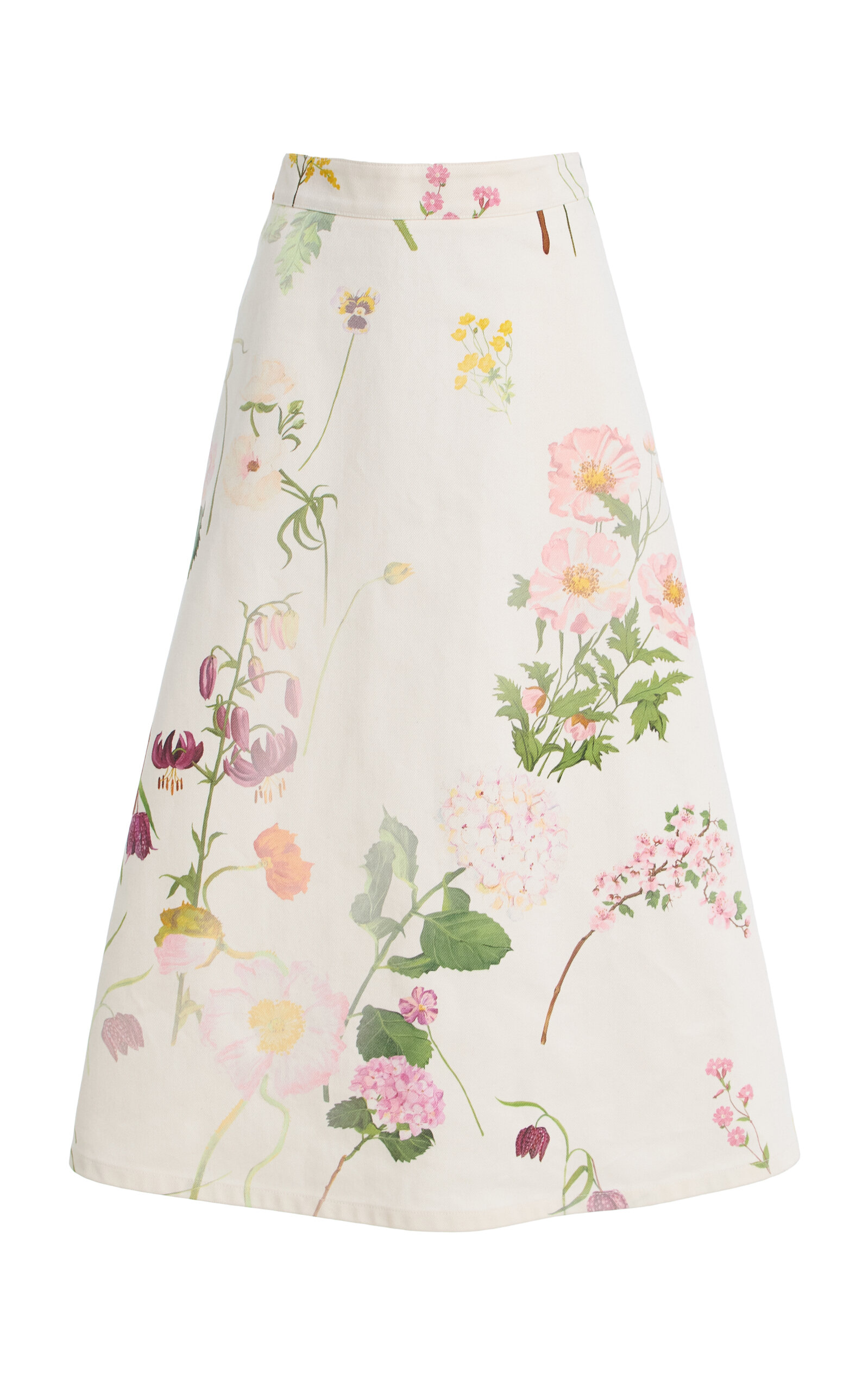 Oscar de la Renta - Botanical Cotton-Denim Midi Skirt - Floral - US 8 - Moda Operandi