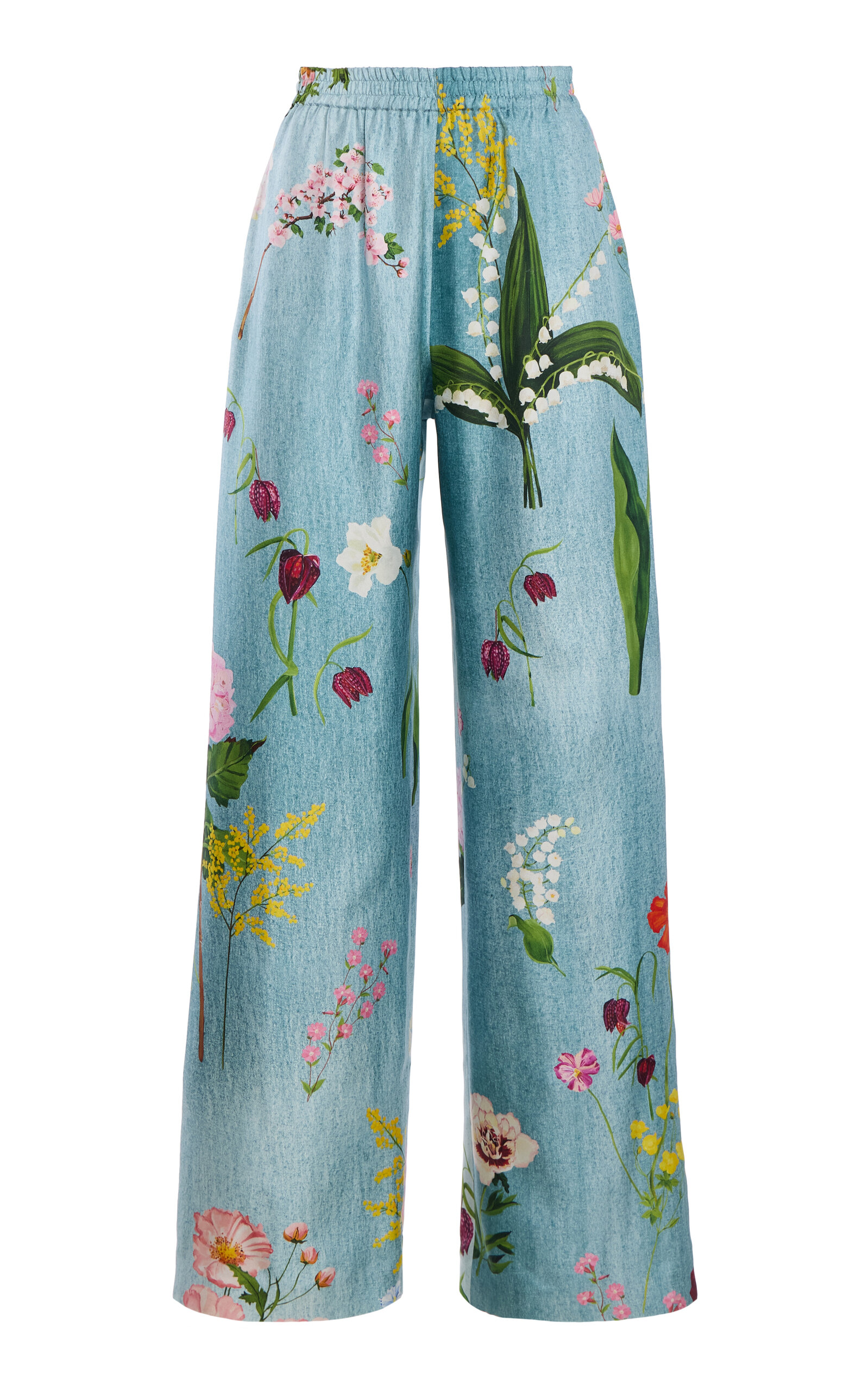 Oscar de la Renta - Mixed Botanical Silk-Twill Wide-Leg Pants - Blue - US 4 - Moda Operandi