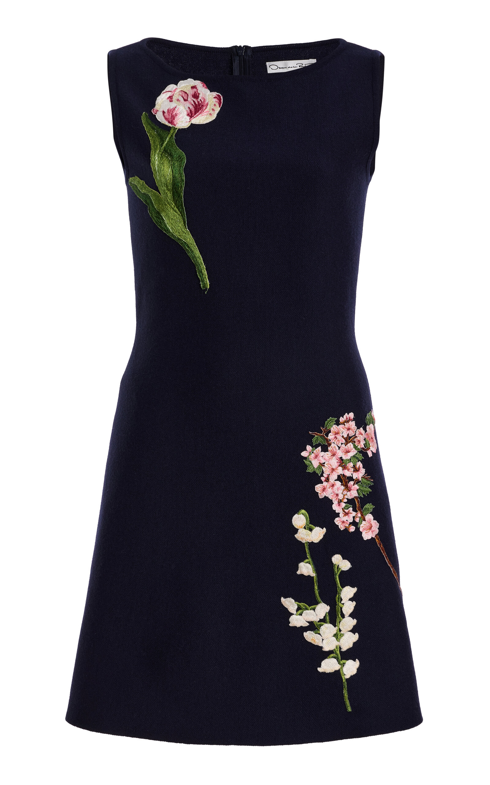 Oscar de la Renta - Embroidered Wool Mini Dress - Navy - XS - Moda Operandi