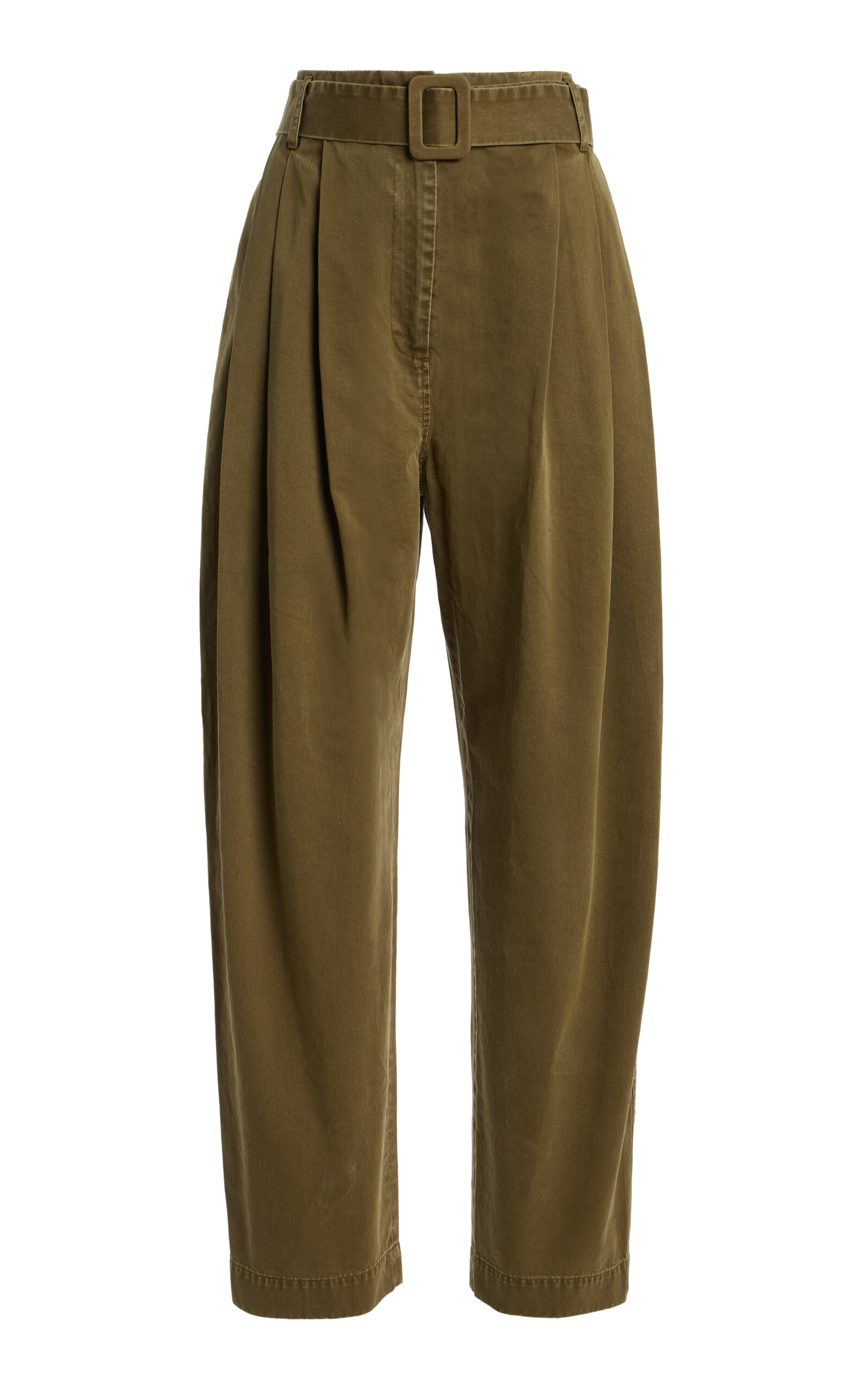 Co Tton Pleated Belted Pants In Green