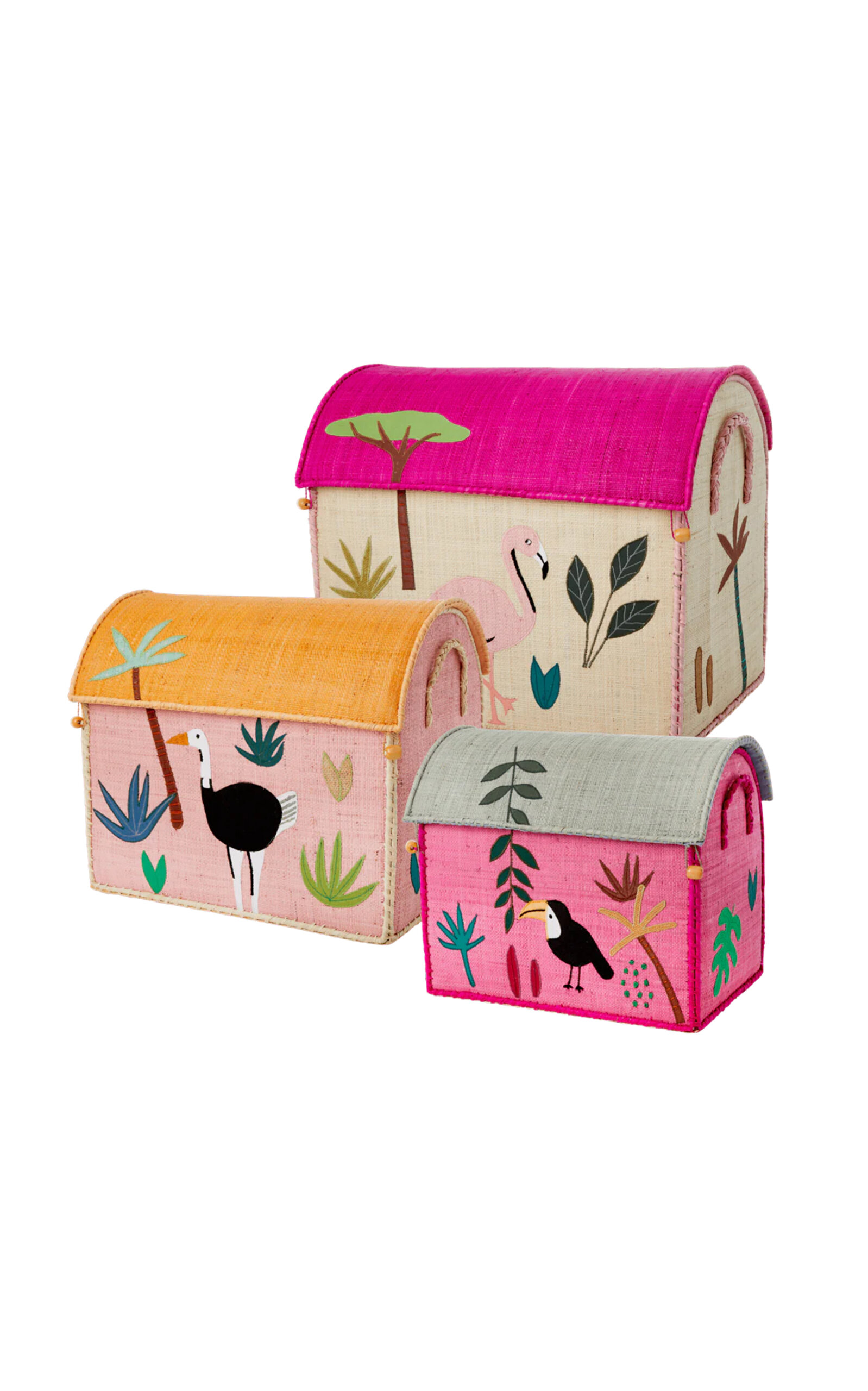 Rice - Set-of-three Raffia Storage Baskets - Pink In Multi