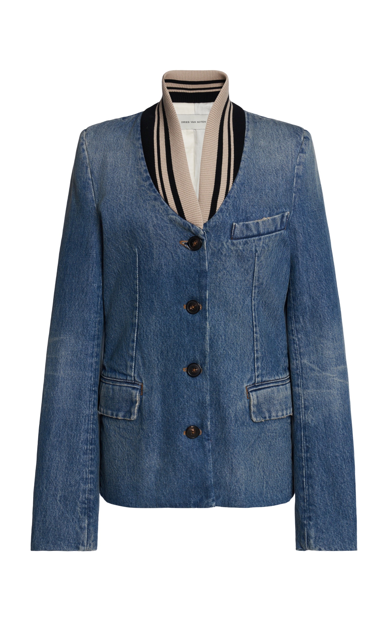 Dries Van Noten - Britt Conrast Collar Cotton Jacket - Blue - FR 38 - Moda Operandi