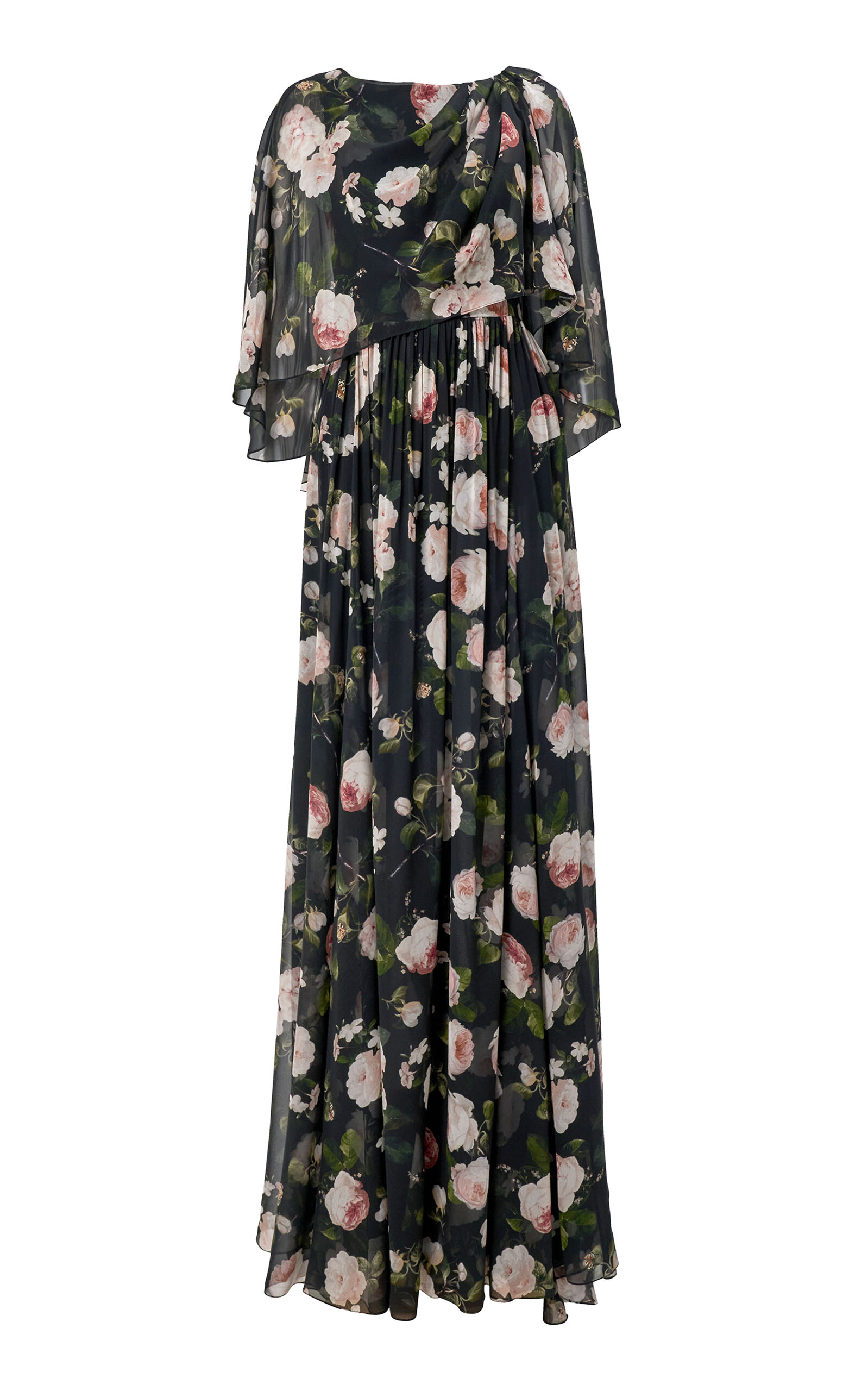 Carolina Herrera Winter Floral Printed Chiffon Gown In Black