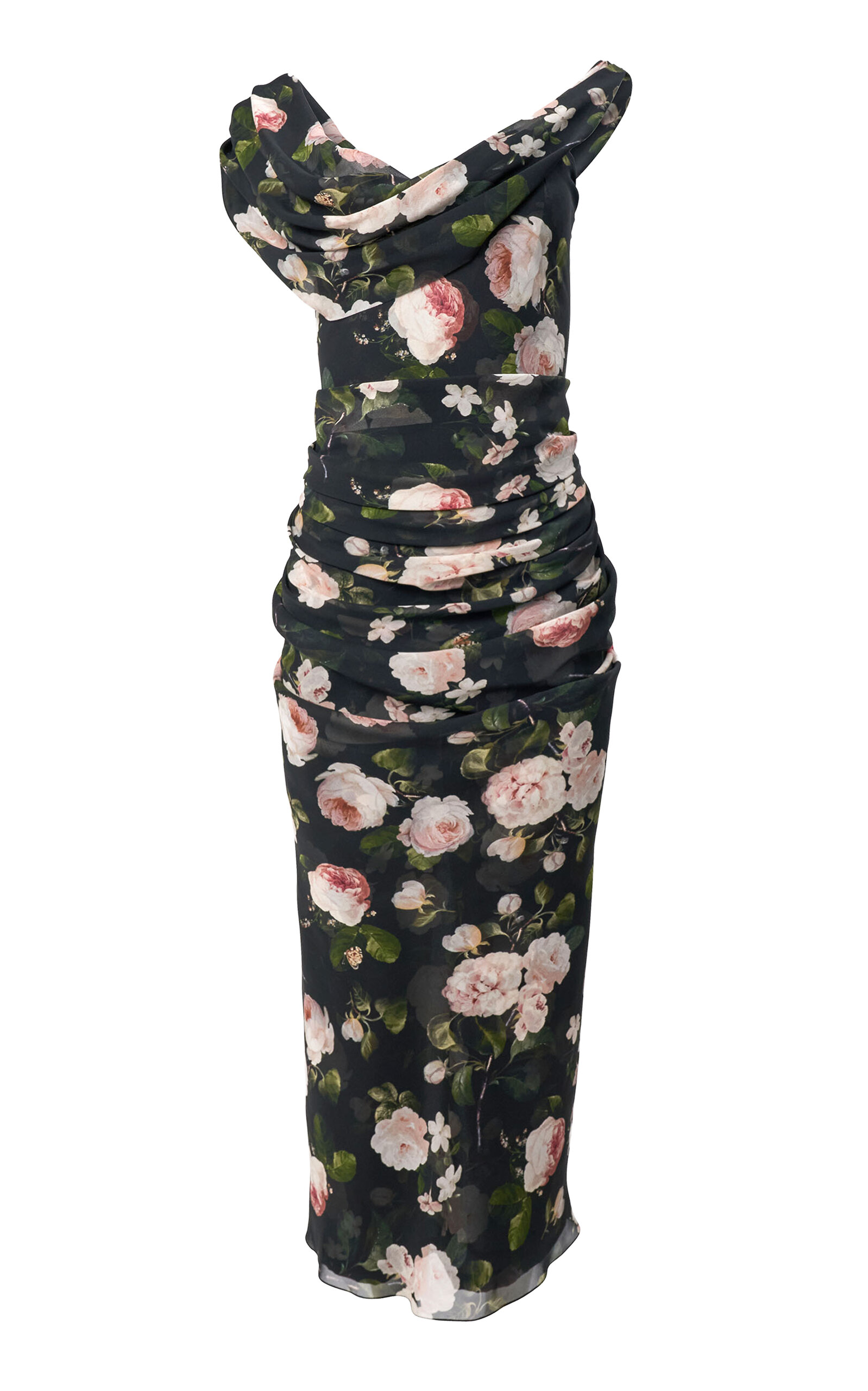 Carolina Herrera Winter Floral Printed Chiffon Midi Dress In Black