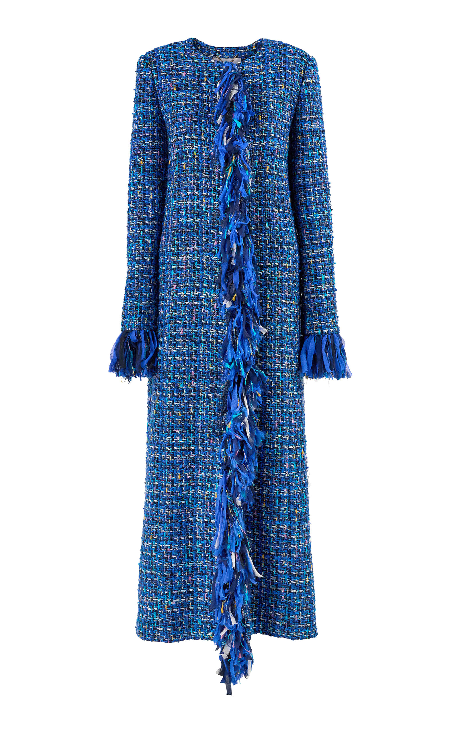 Carolina Herrera Fringed Multi Tweed Coat In Blue