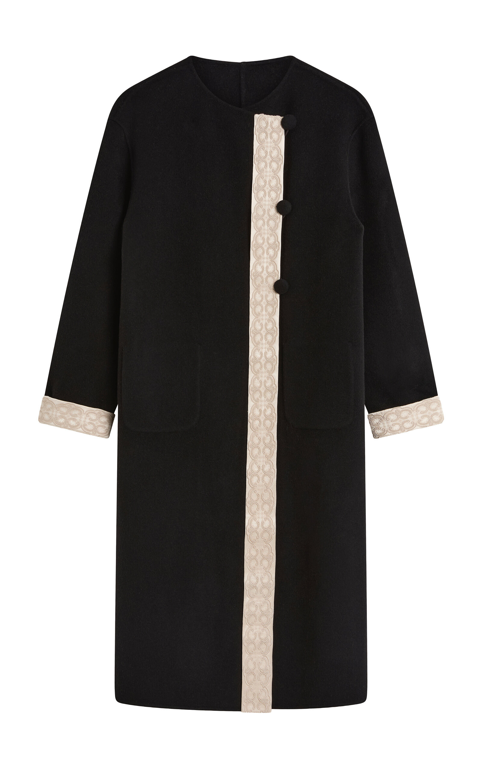 Posse Florian Embroidered Trim Wool-blend Coat In Black