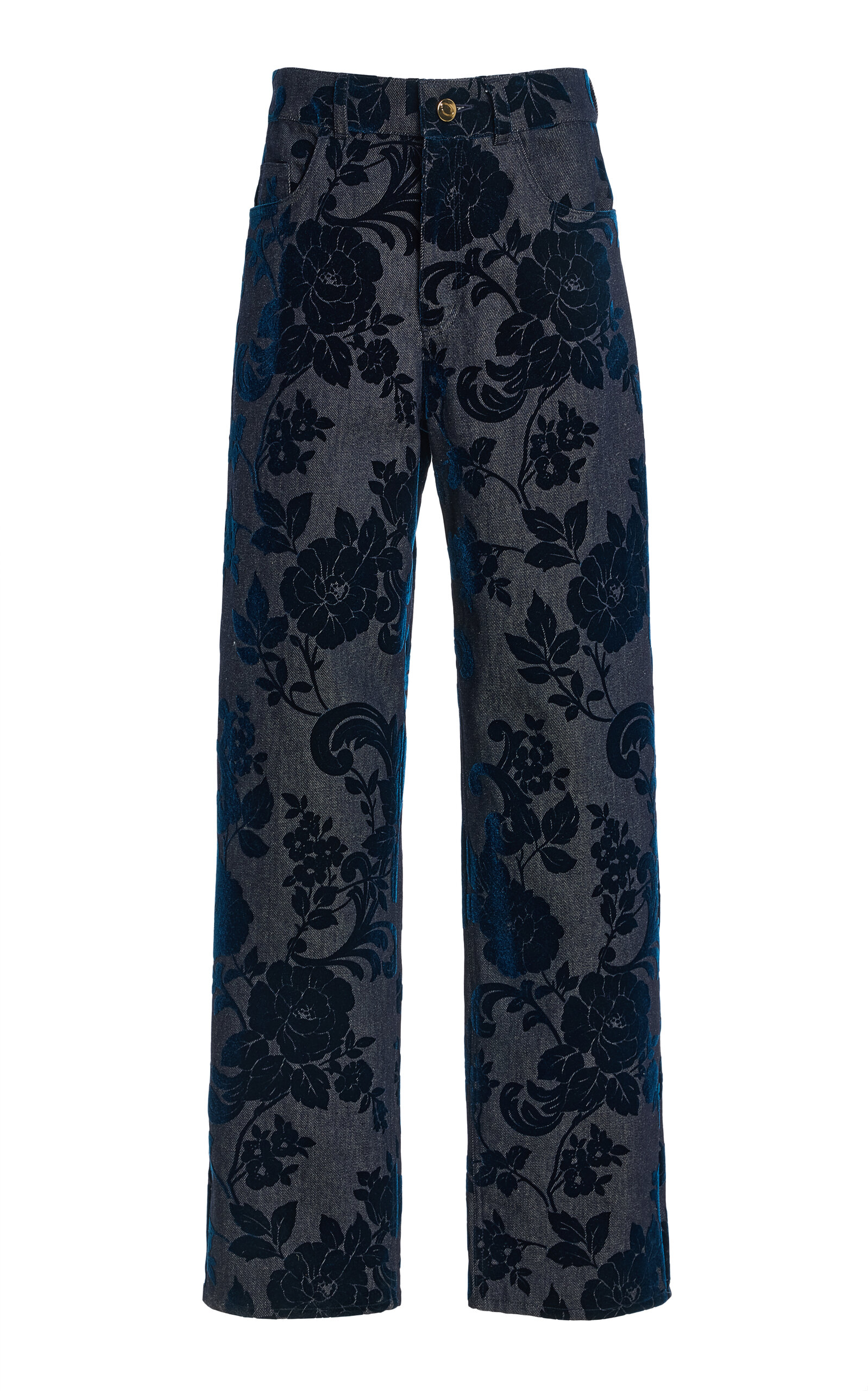 Oscar De La Renta Flocked Floral Denim Straight-leg Pants In Blue