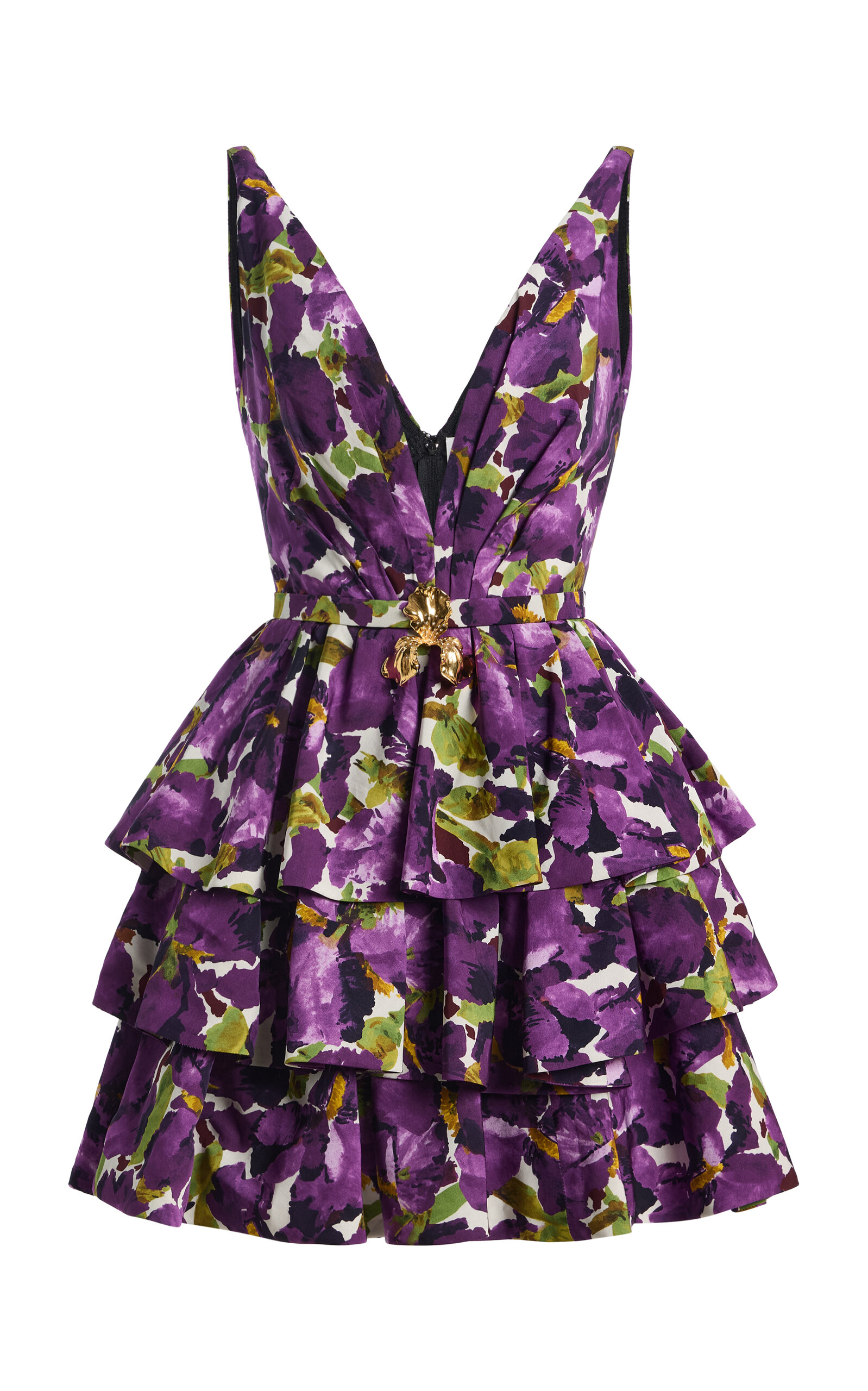 Oscar De La Renta Ruffled Watercolor Iris Mini Dress In Purple