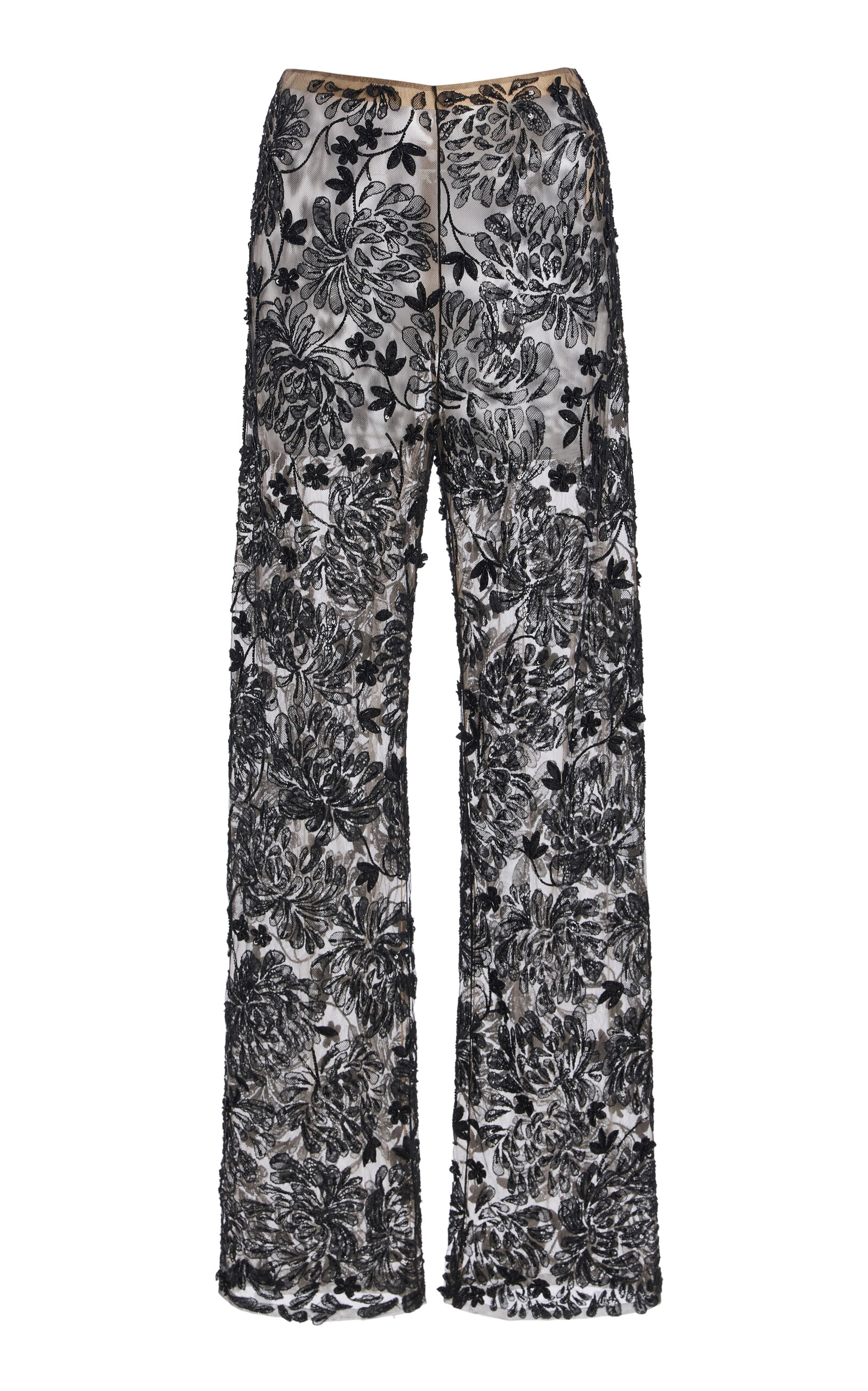 Oscar De La Renta Chrysanthemum Lace Straight-leg Pants In Black