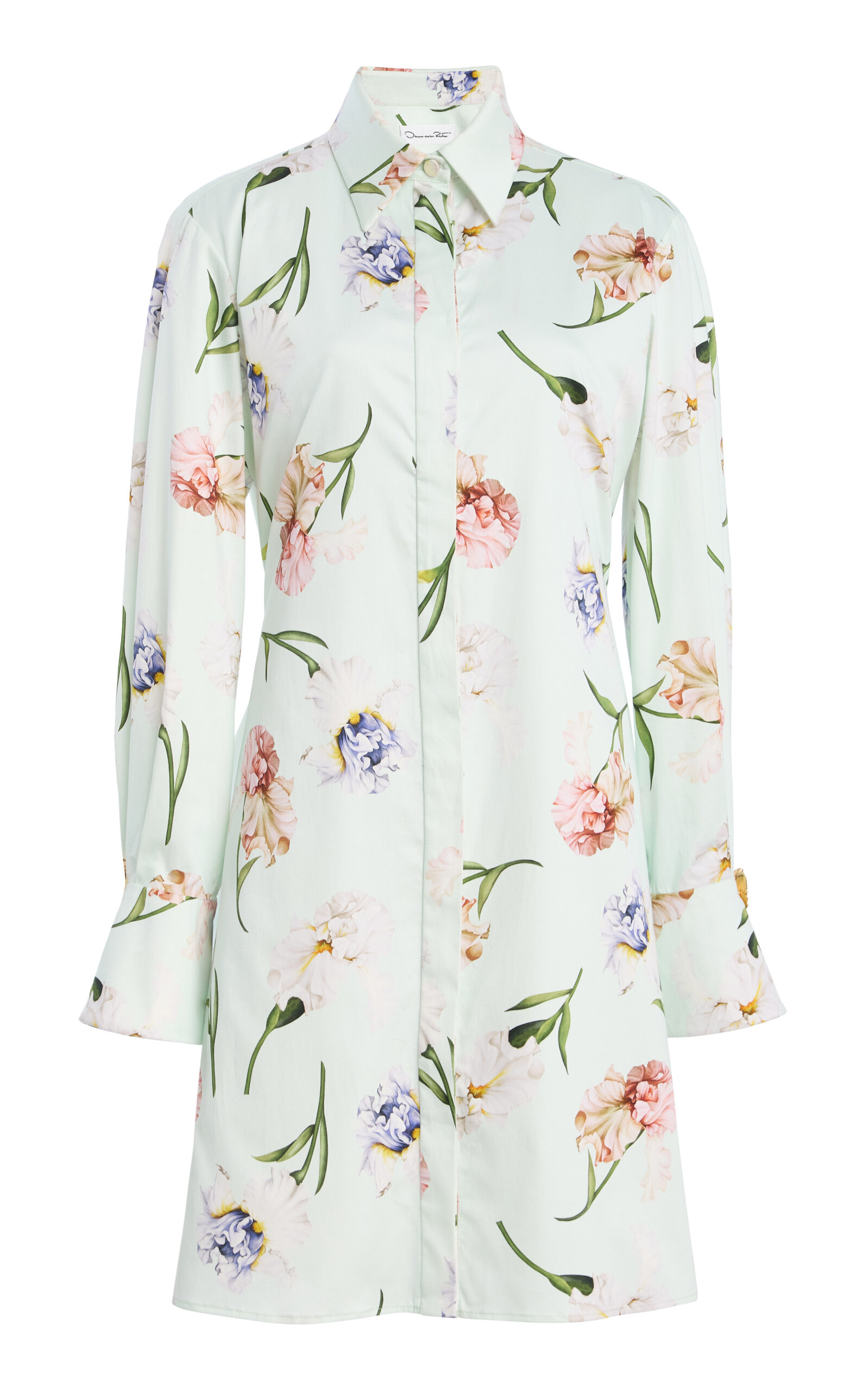 Oscar De La Renta Collared Painted Iris Poplin Mini Dress In Pink