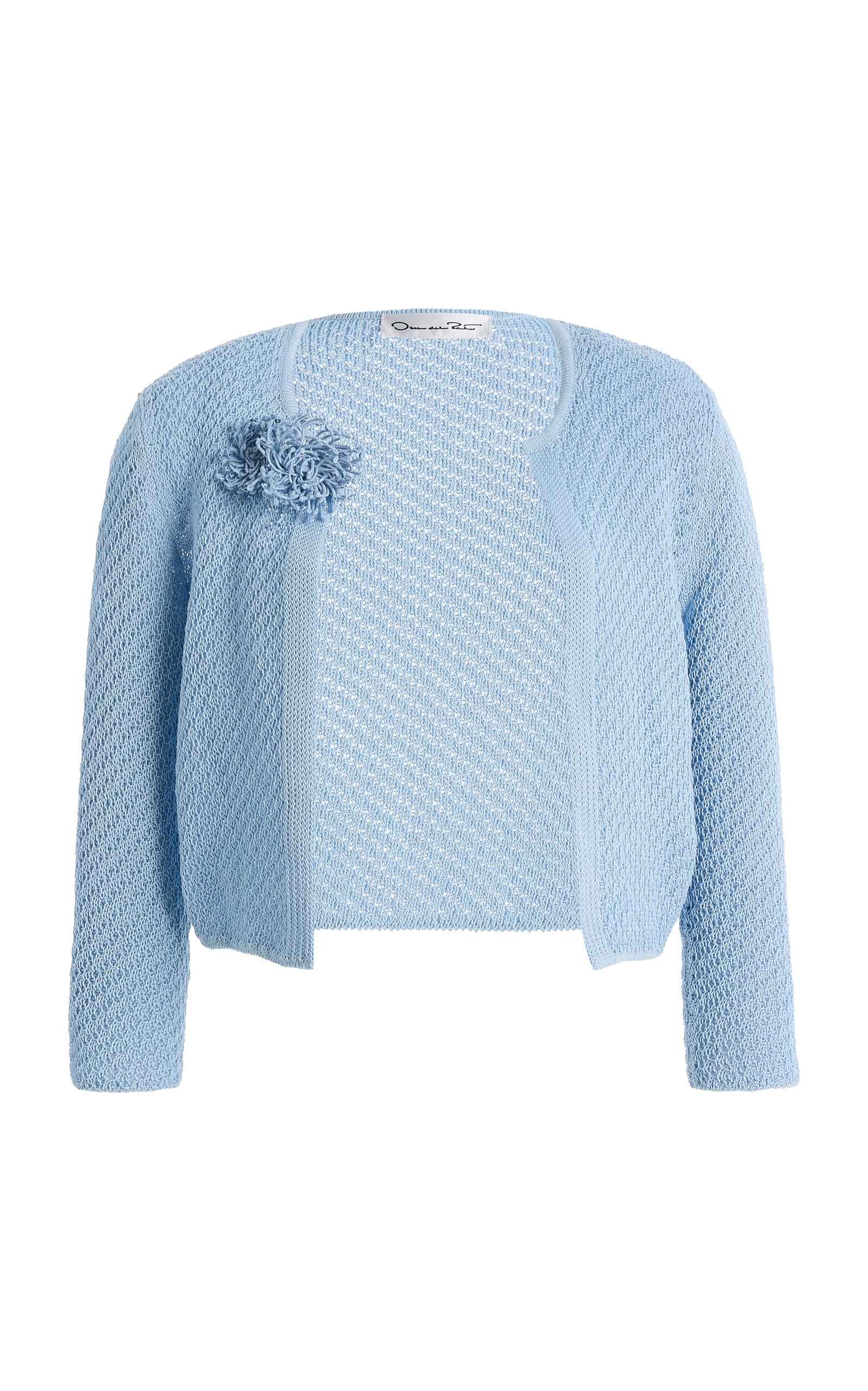 Oscar De La Renta Embroidered Knit Cotton Mesh Cardigan In Blue