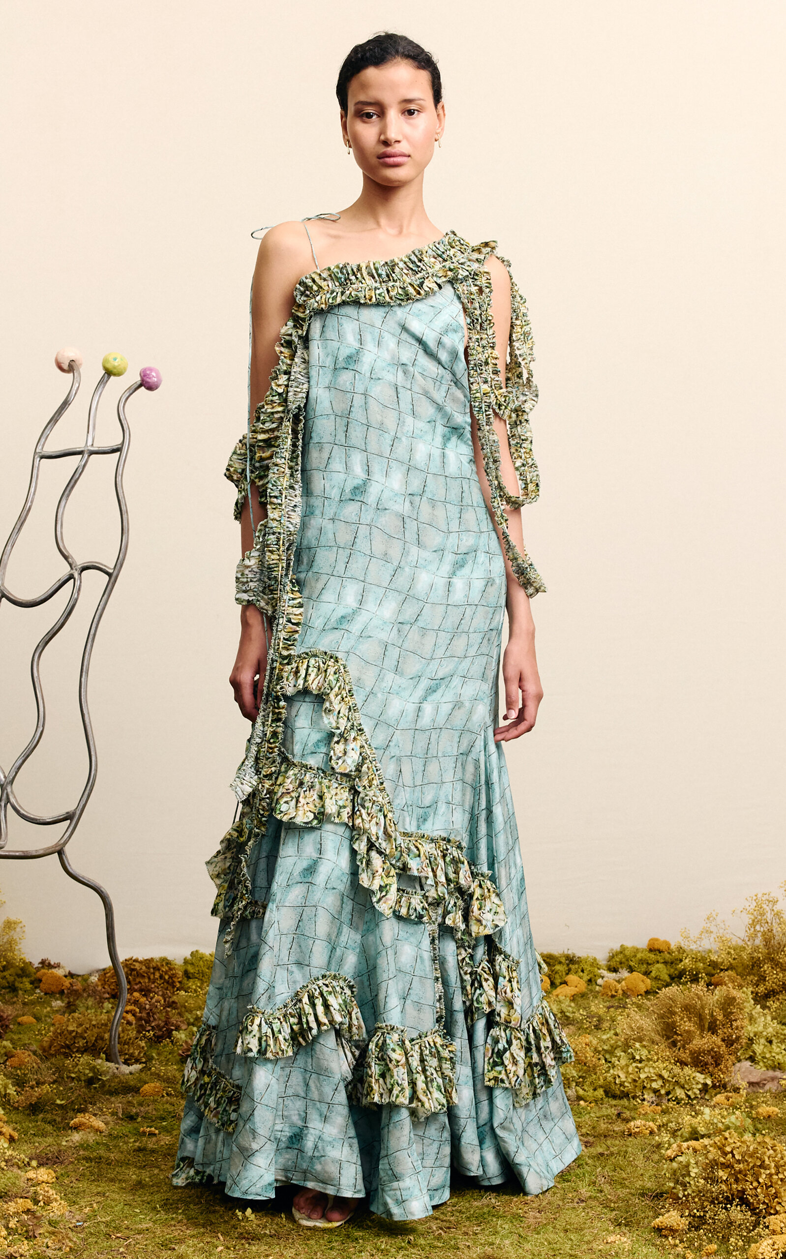 Alemais Alémais Sirena Ruffled Linen-silk Gown In Blue