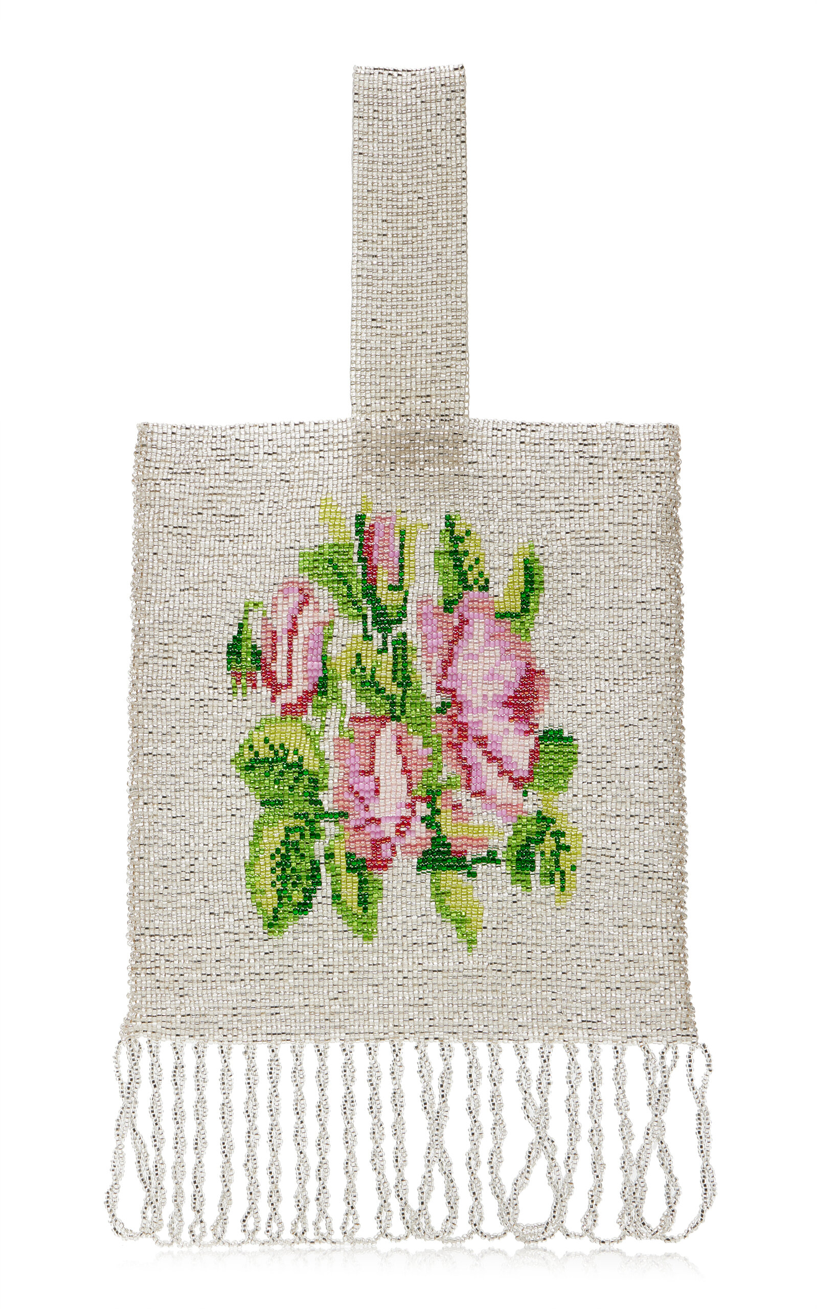 Pura Utz - Exclusive Floral Fringed Beaded Pouch  - Silver - OS - Moda Operandi