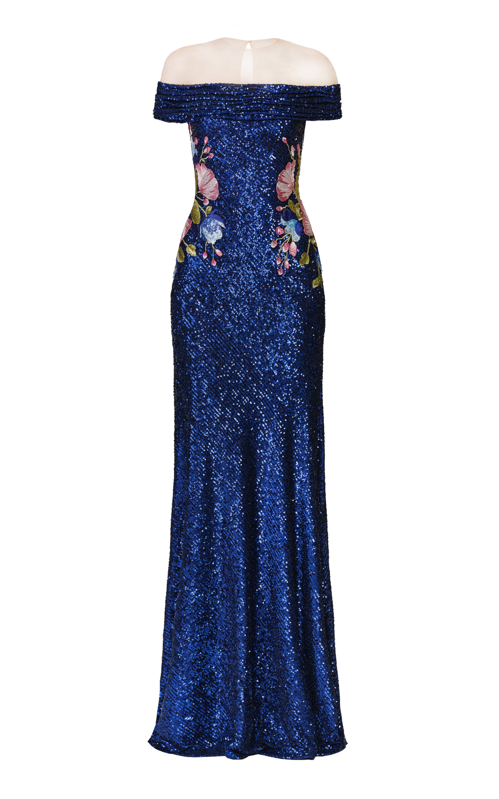 Naeem Khan Stretch Sequin Off-shoulder Illusion Neckline Gown With Floral Applique In Blue